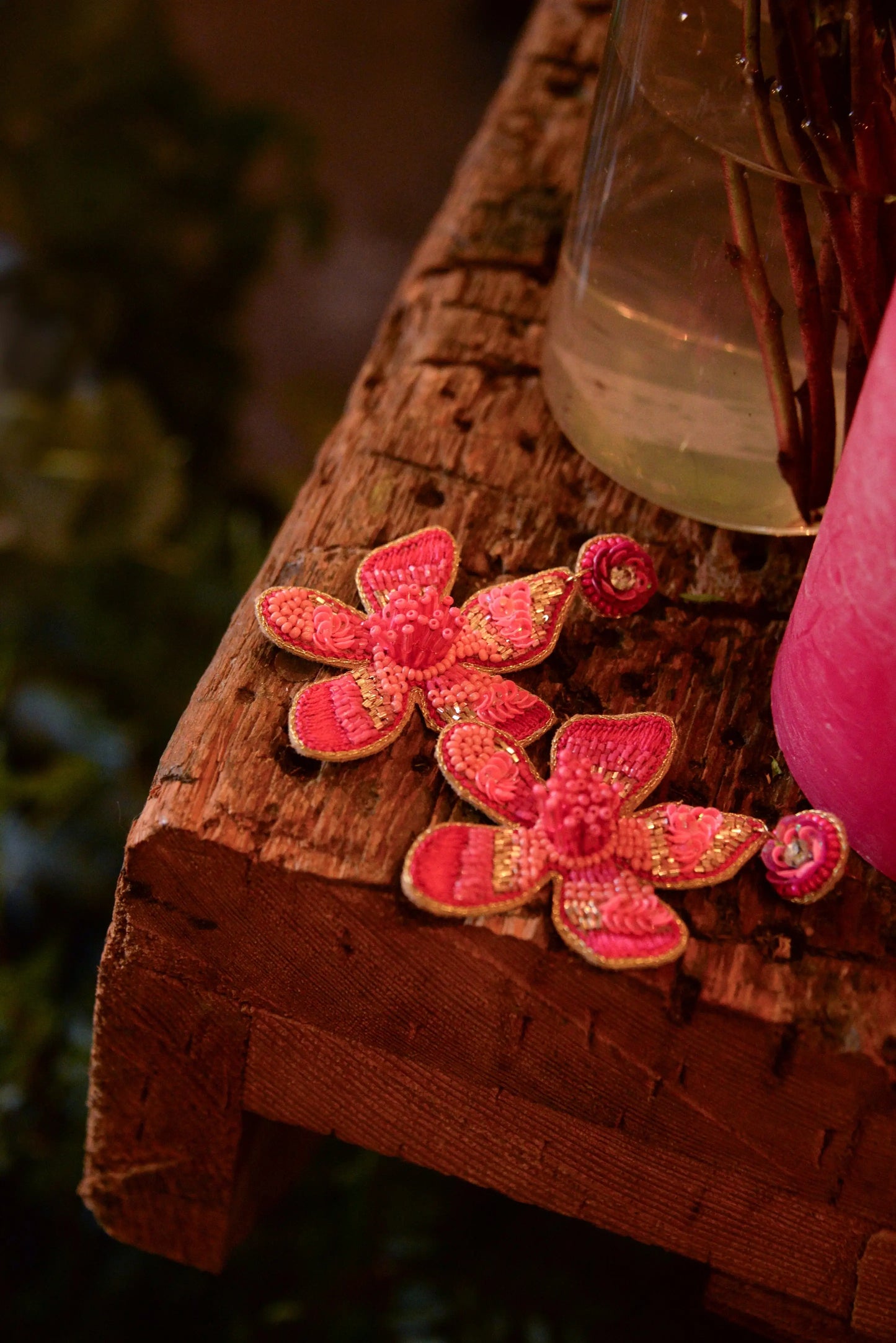 Statement Pink Flower Beaded Earrings