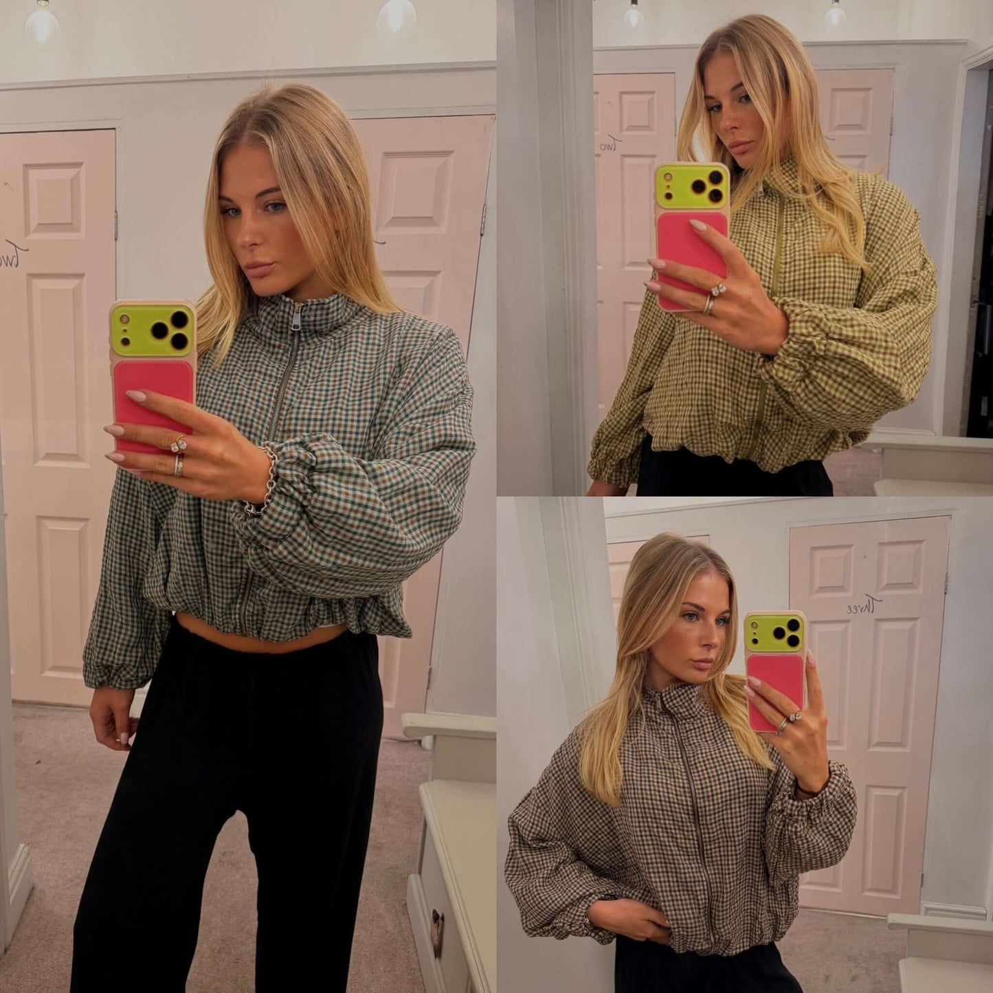Gingham Funnel Neck Bomber Jacket