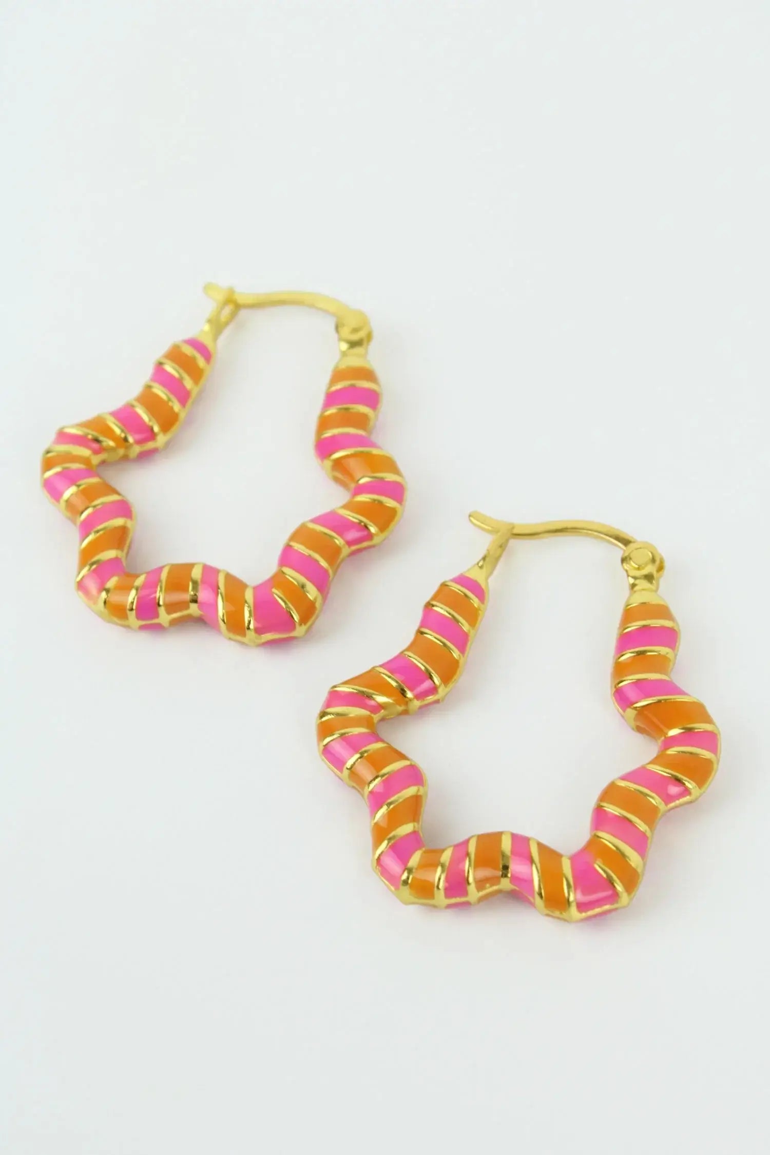 Pink Enamel Wavy Gold Plated Hoops