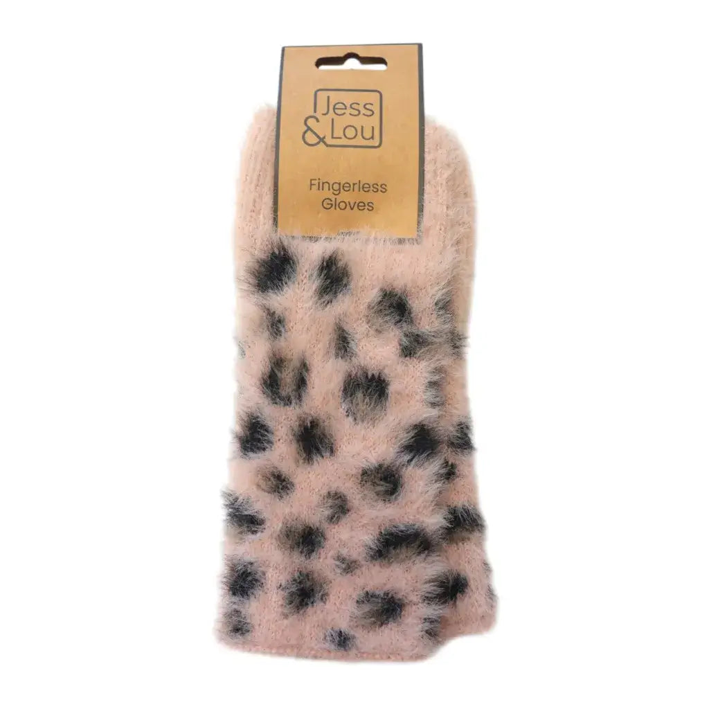 Jess & Lou - Leopard Fluffy Knit Fingerless Gloves