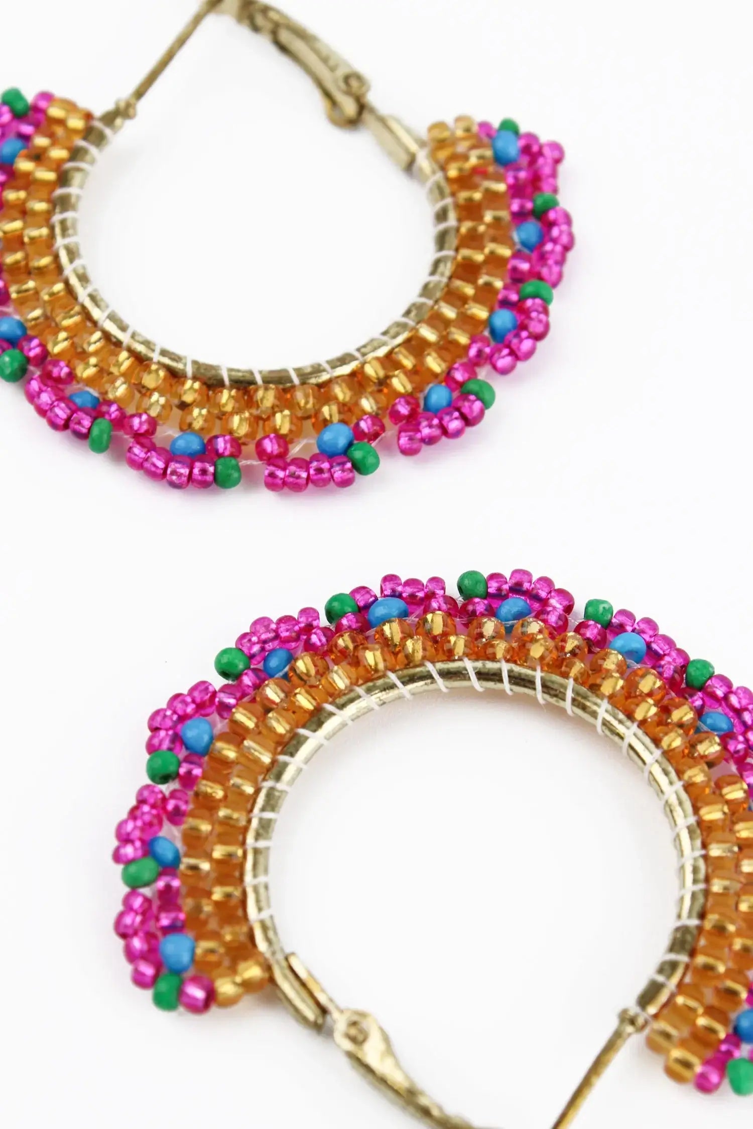 Gold & Pink Round Beaded Hoop Earrings