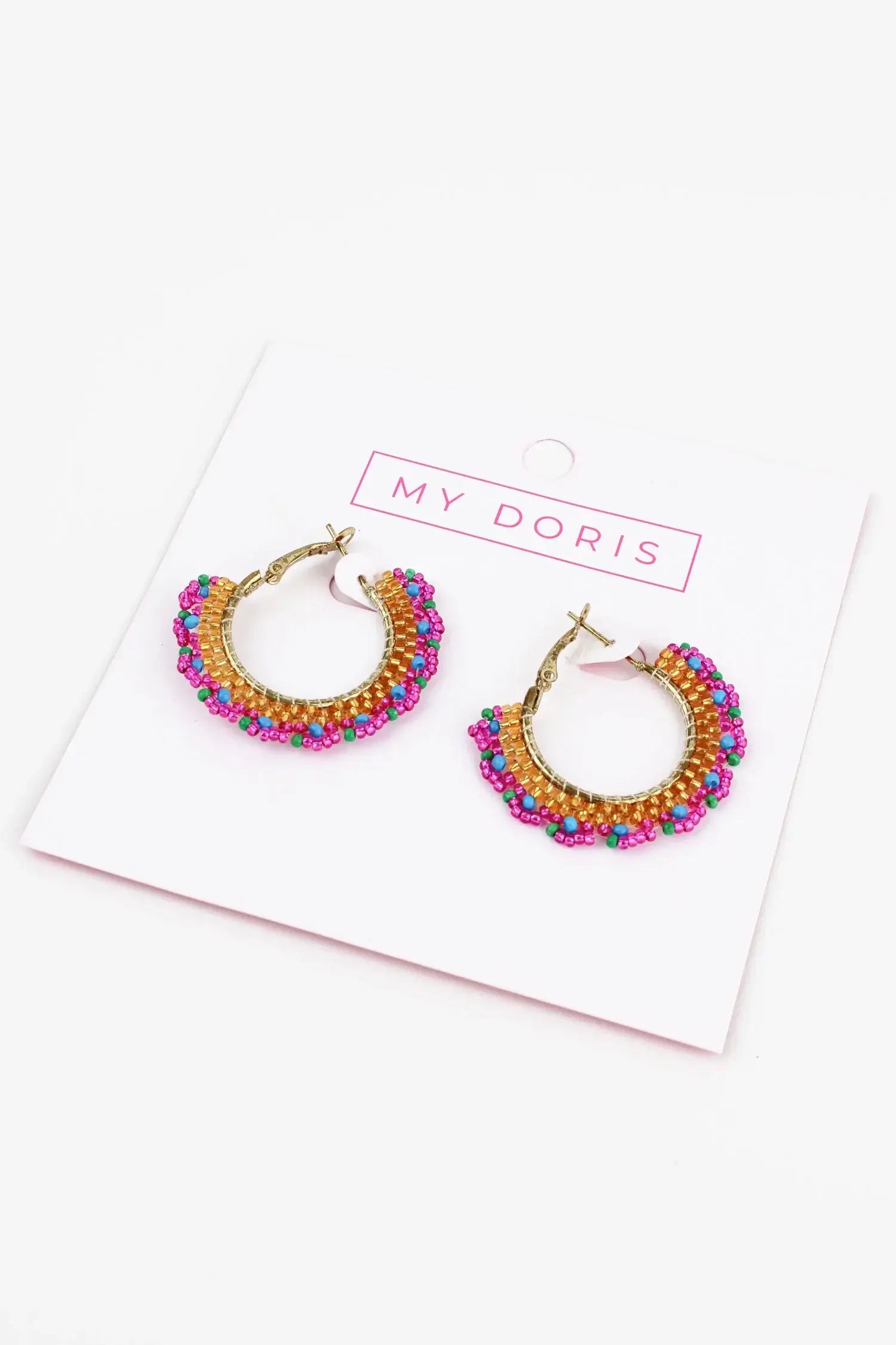 Gold & Pink Round Beaded Hoop Earrings