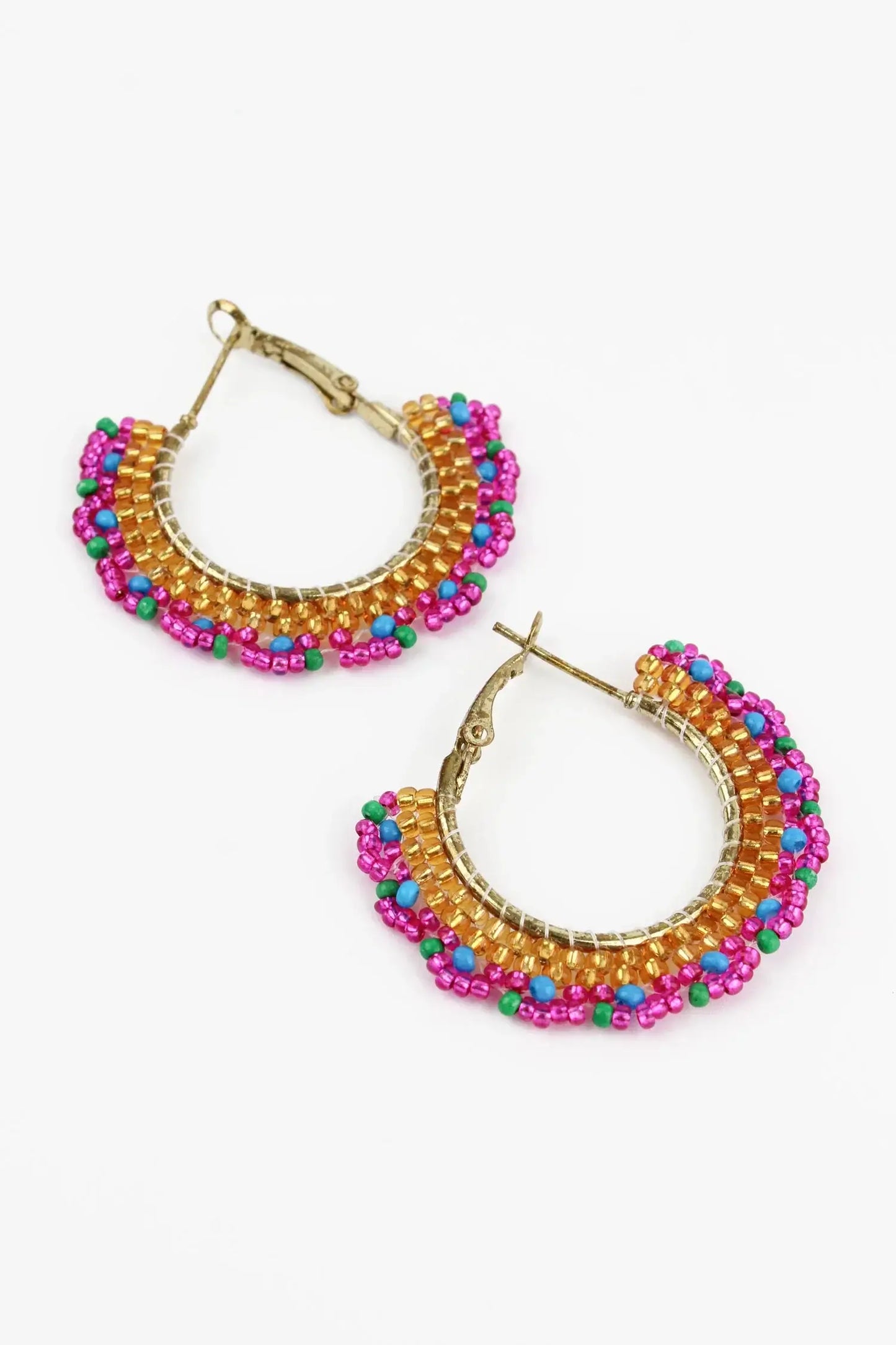 Gold & Pink Round Beaded Hoop Earrings