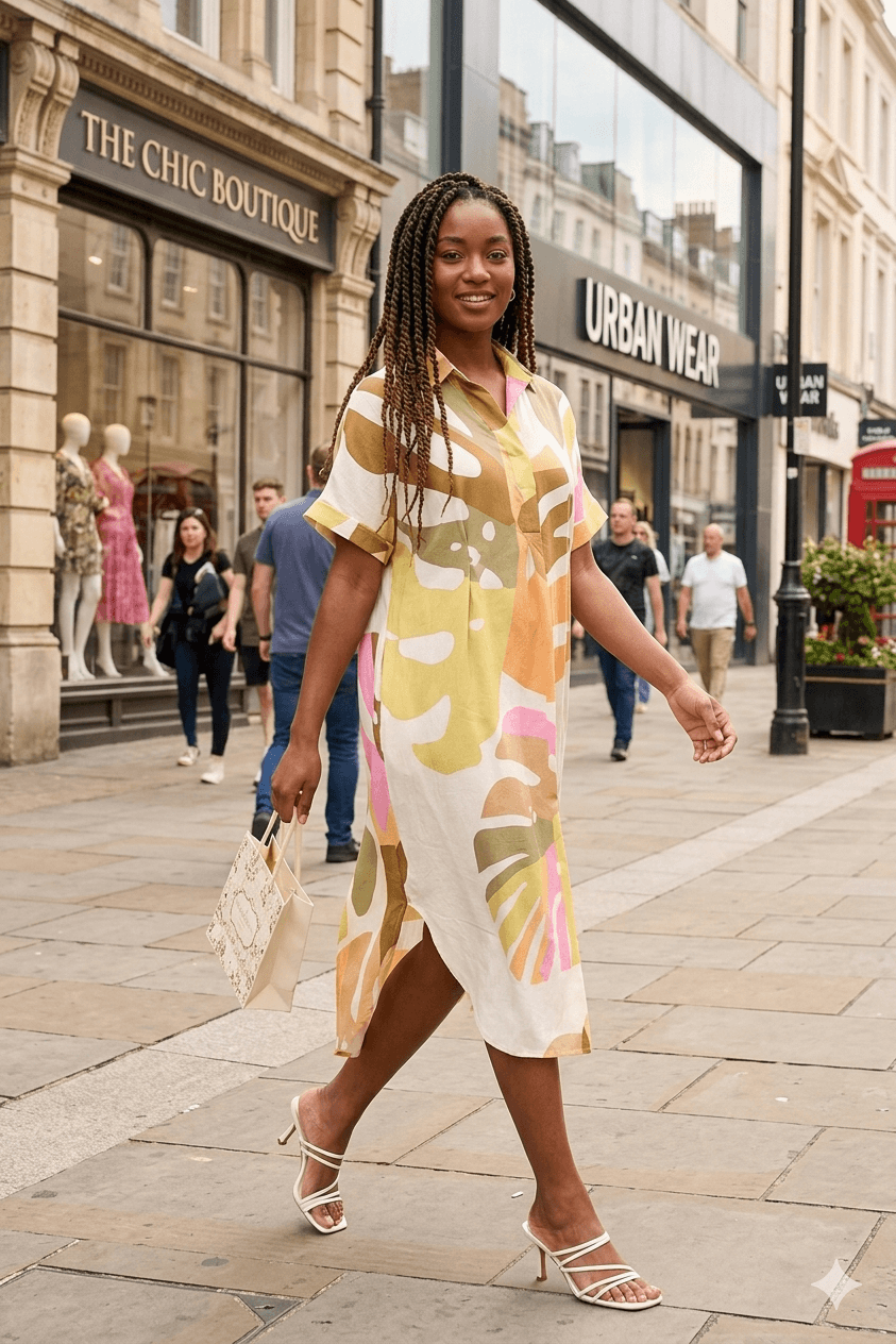 Exotic Leaves Open Collar Tunic Dress