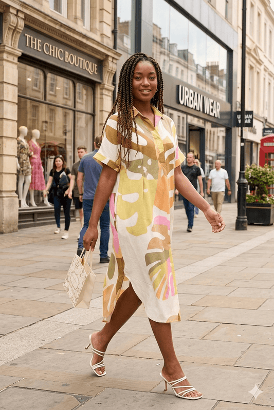 Exotic Leaves Open Collar Tunic Dress