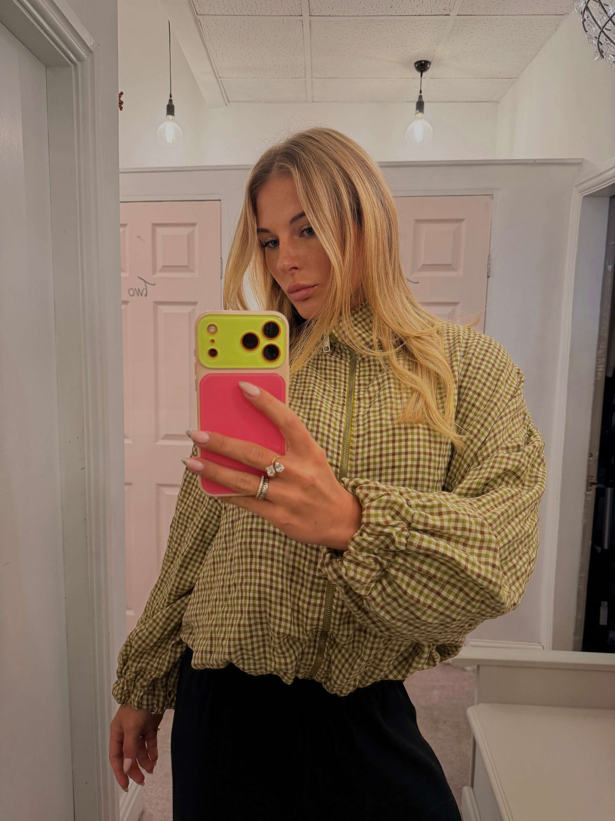 Gingham Funnel Neck Bomber Jacket