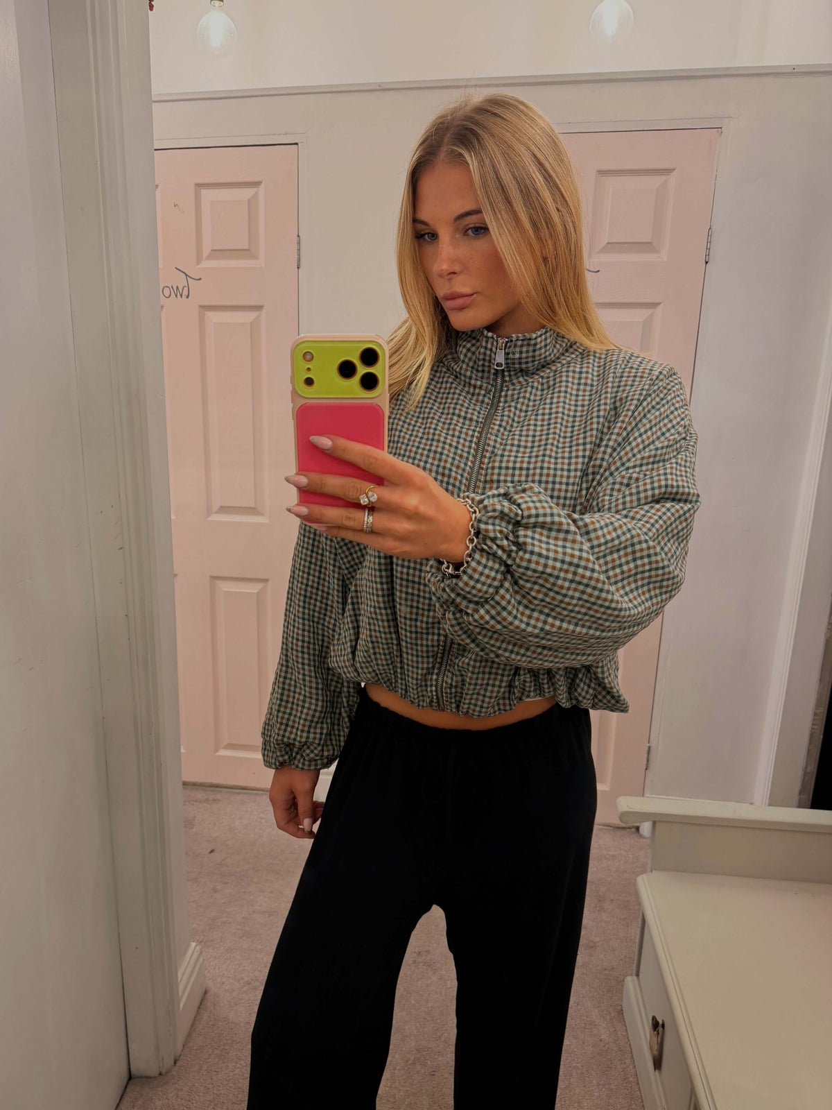 Gingham Funnel Neck Bomber Jacket