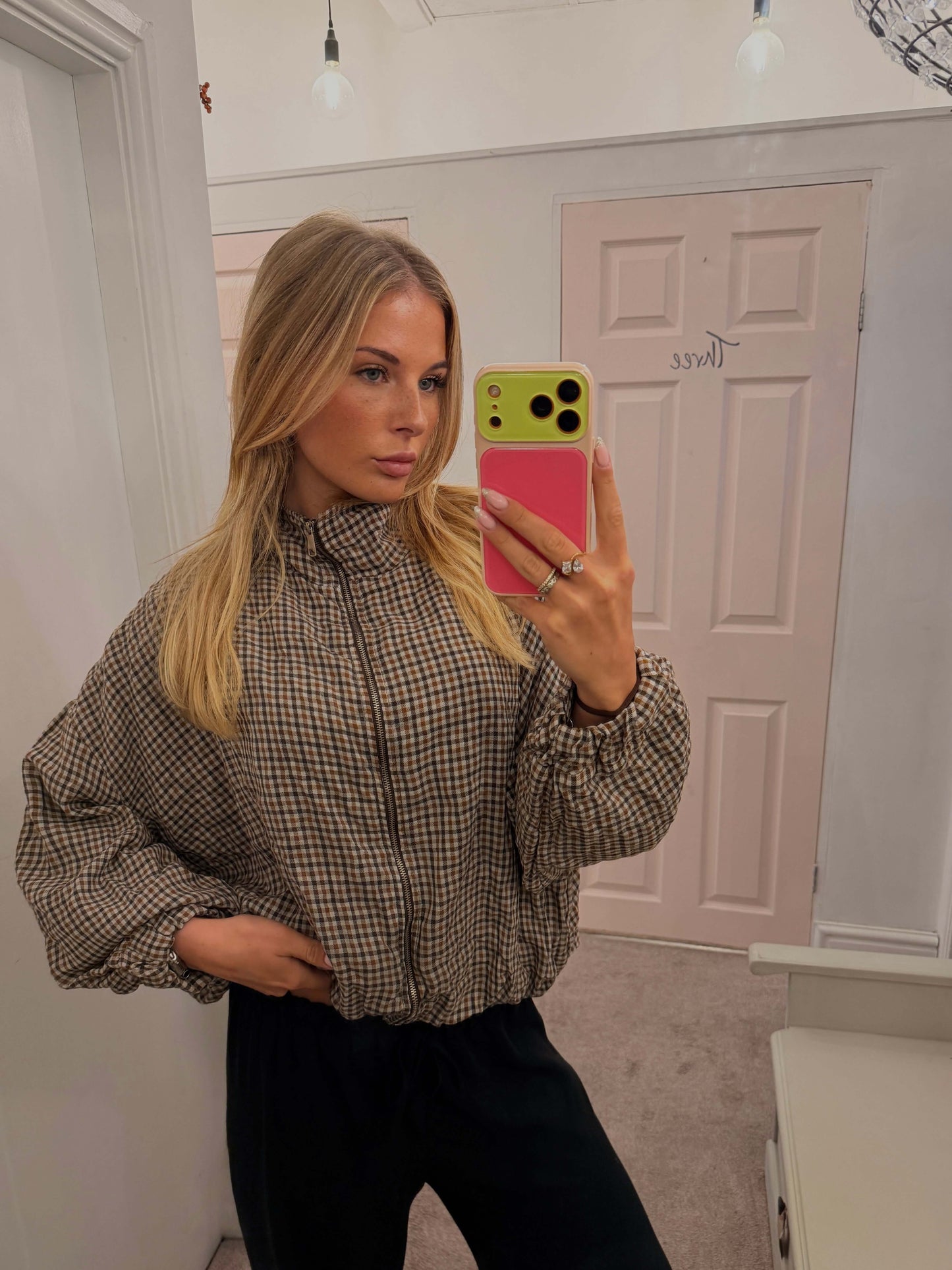 Gingham Funnel Neck Bomber Jacket