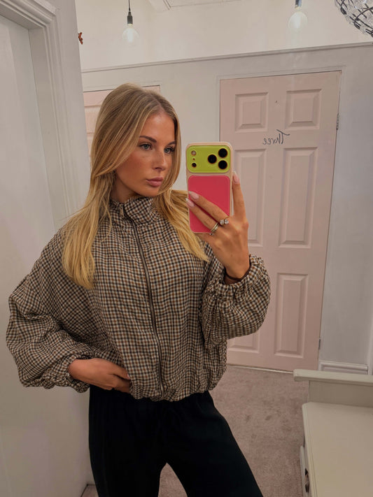 Gingham Funnel Neck Bomber Jacket