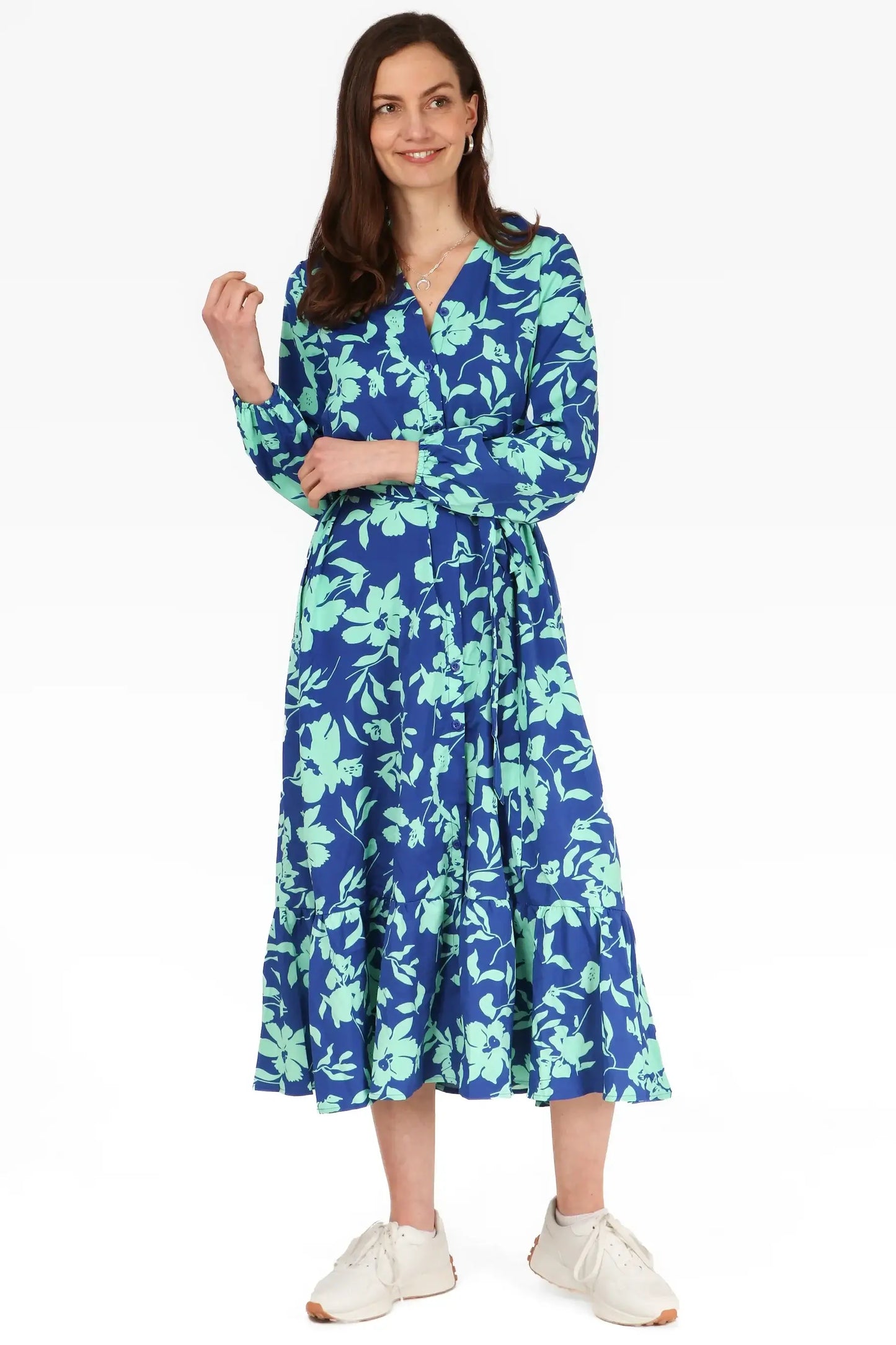 Tropical Floral Print Button Down Tiered Shirt Dress - Blue