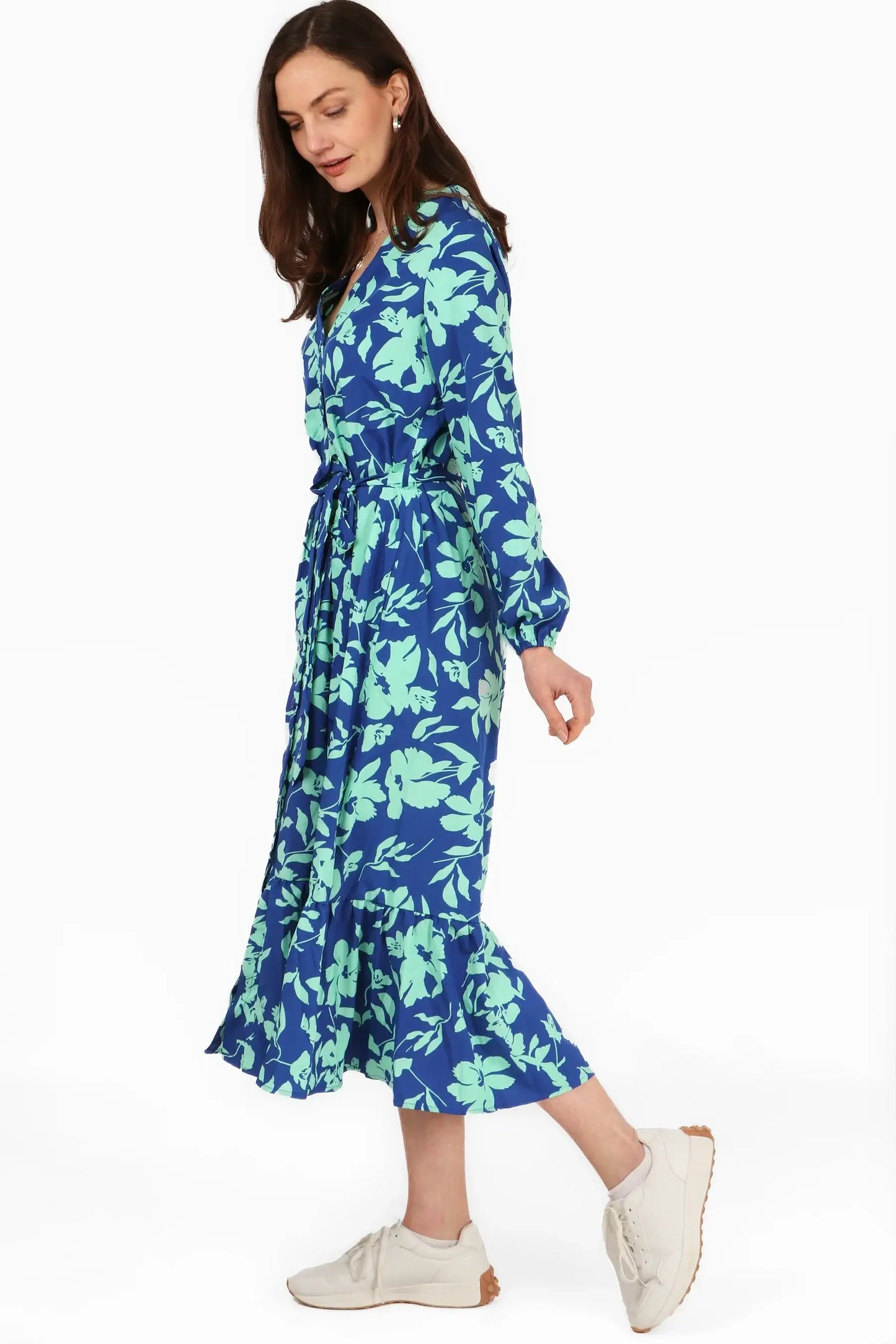 Tropical Floral Print Button Down Tiered Shirt Dress - Blue