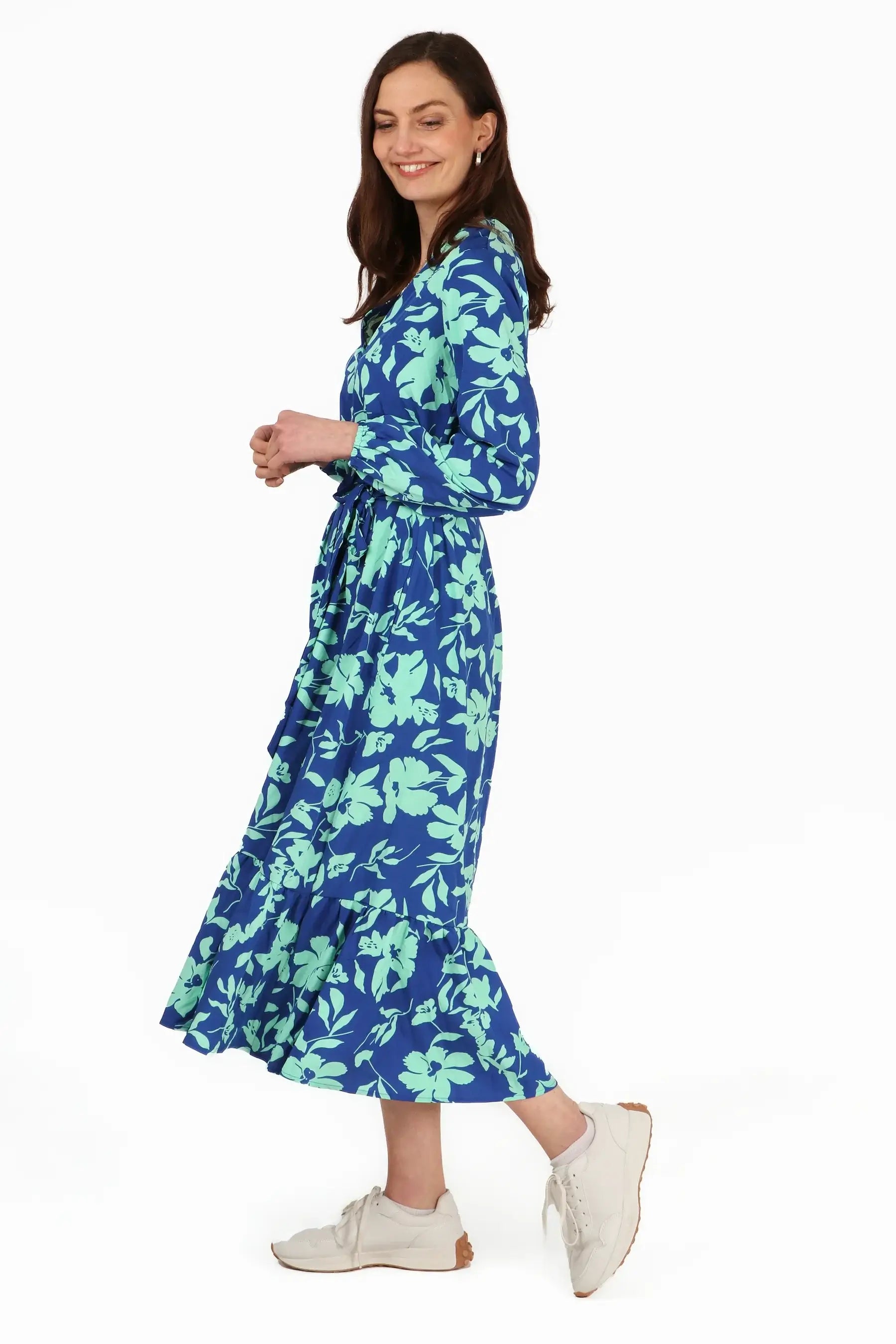 Tropical Floral Print Button Down Tiered Shirt Dress - Blue