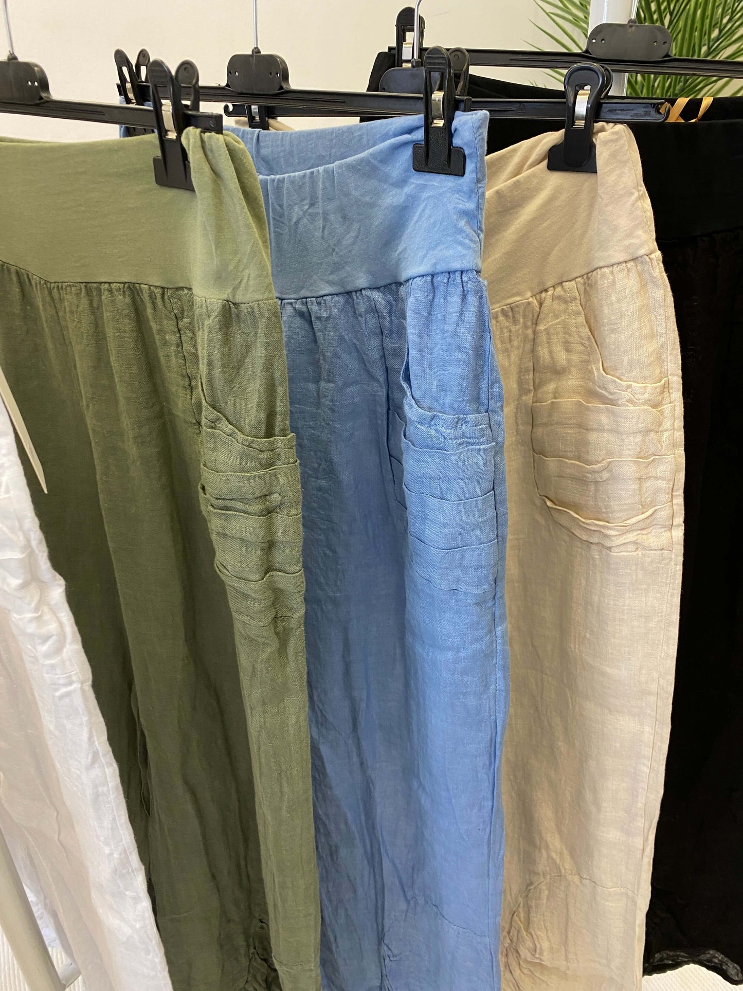 Jersey Waistband Ruffle Pocket Linen Trouser
