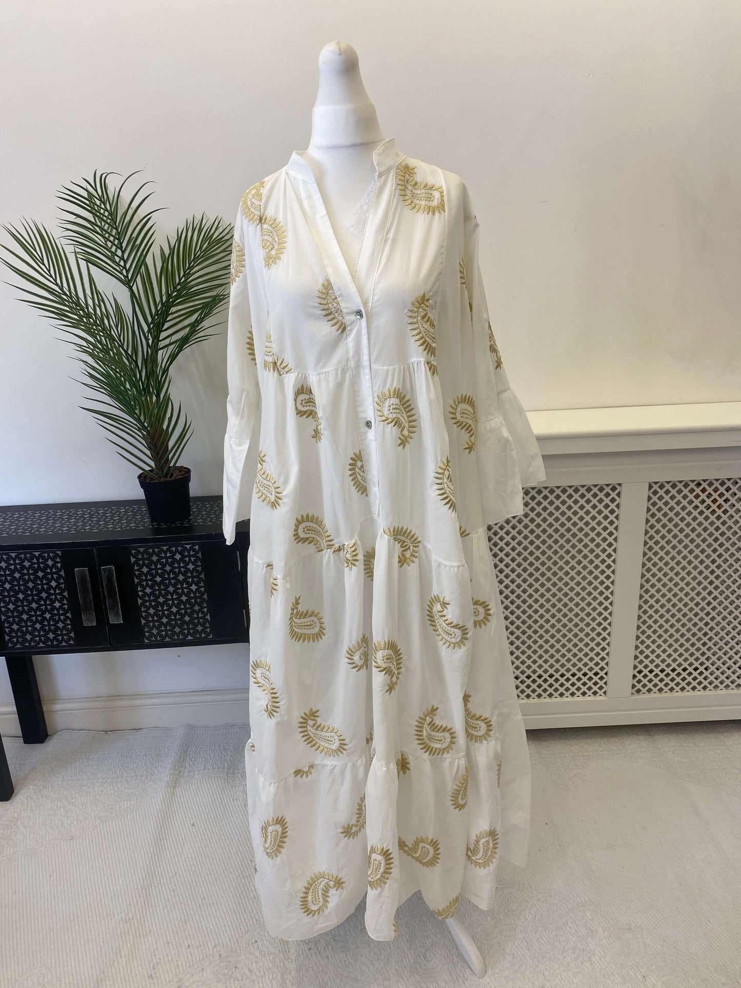 Gold Embroidered Cotton Maxi Smock Dress