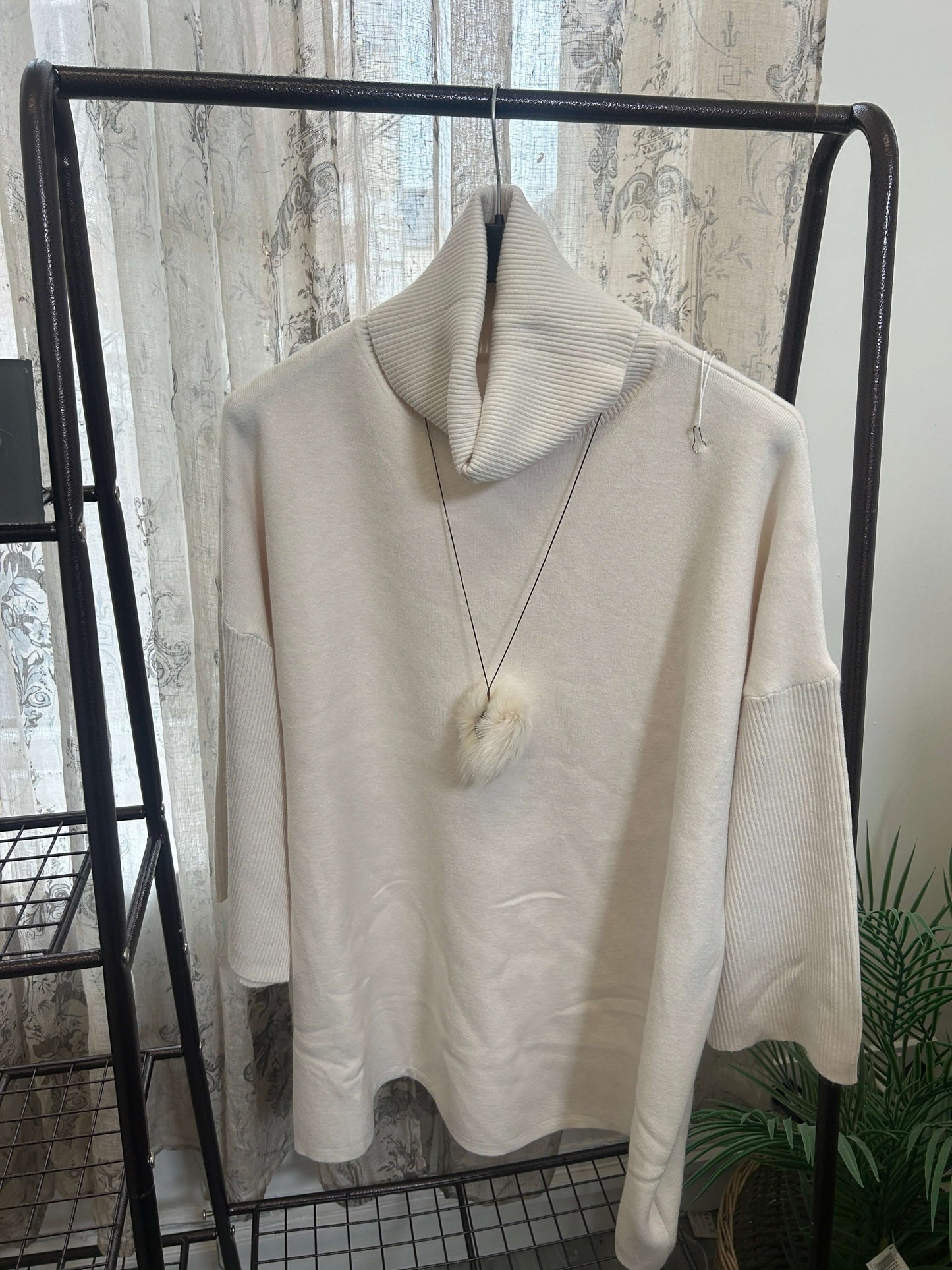 Boxy Cowl Neck Jumper with Pom Pom Necklace