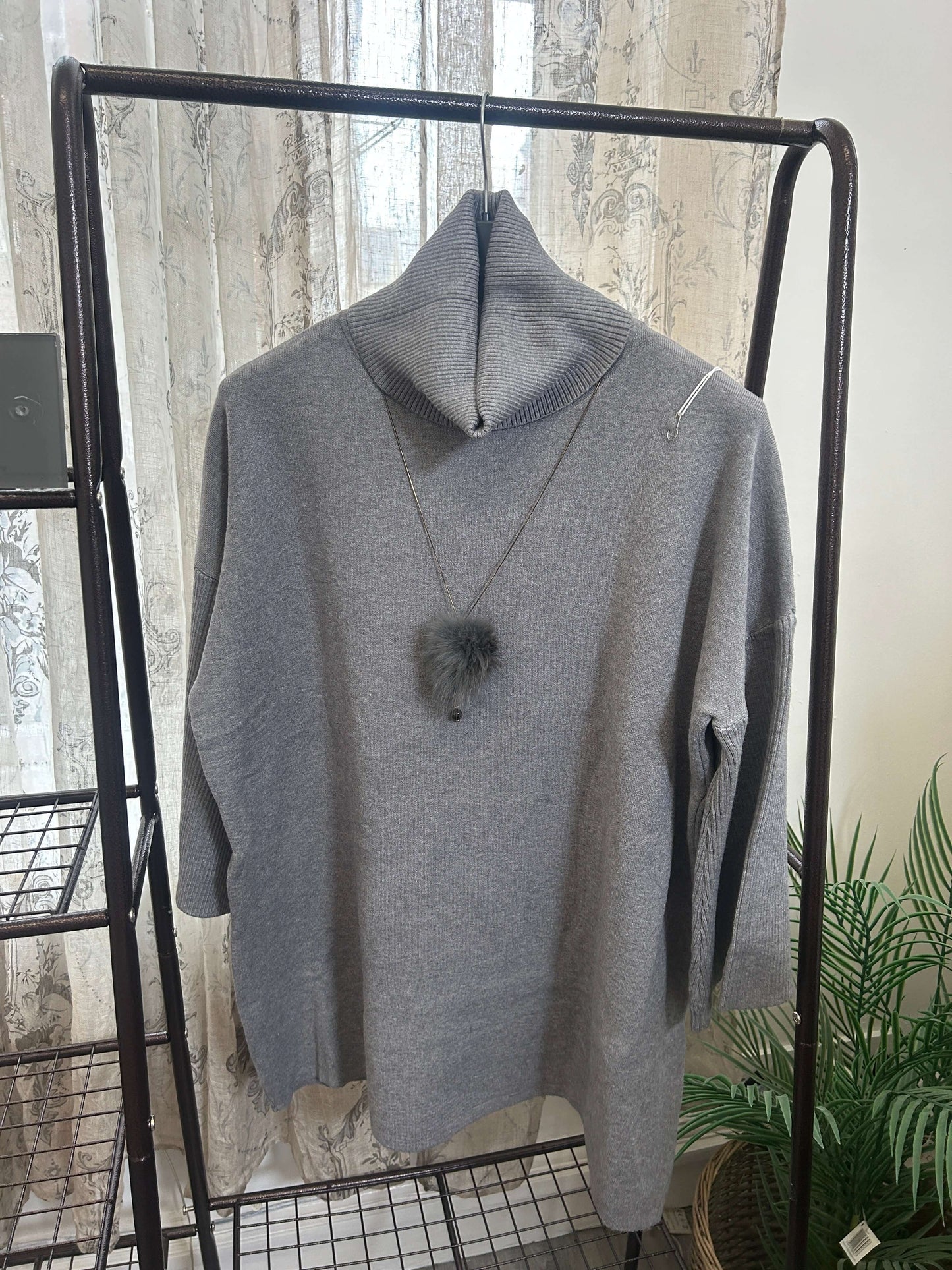 Boxy Cowl Neck Jumper with Pom Pom Necklace