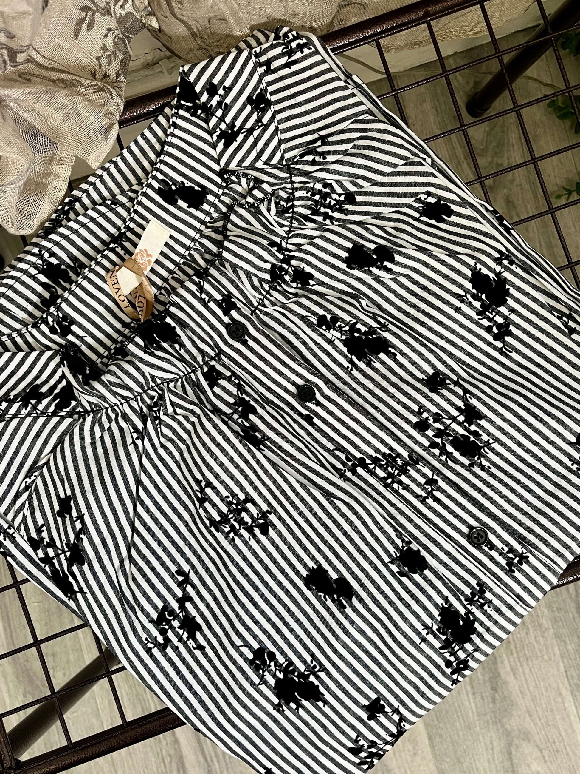 Pinstripe Floral Embossed Flock Blouse