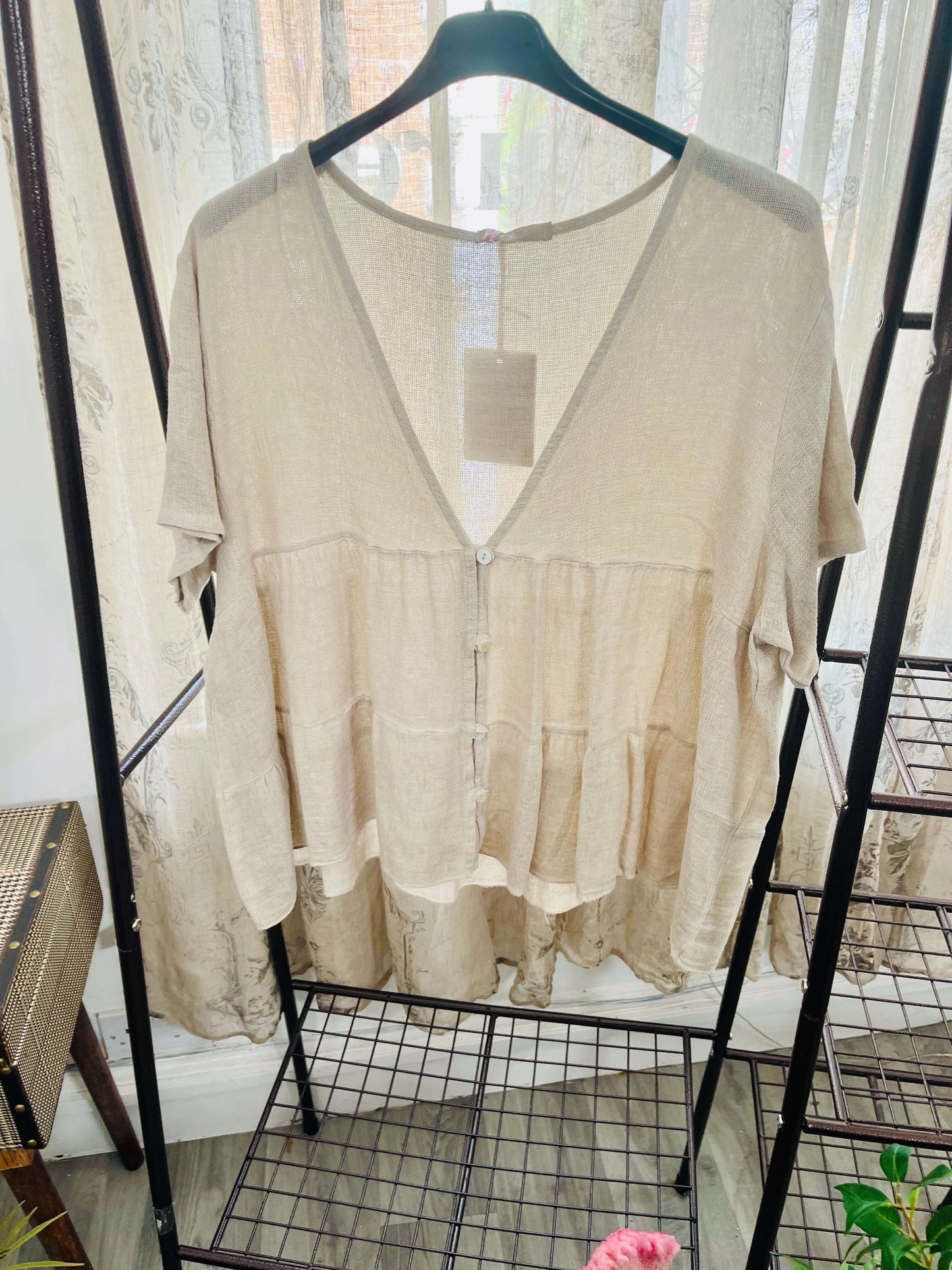Lenora Waffle Linen Button Top