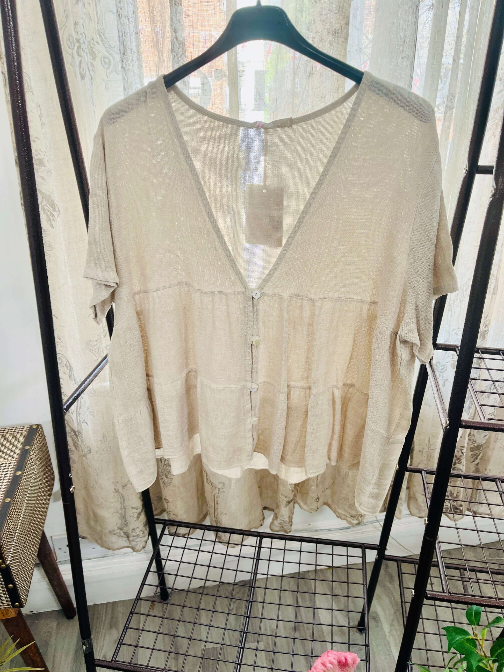 Lenora Waffle Linen Button Top