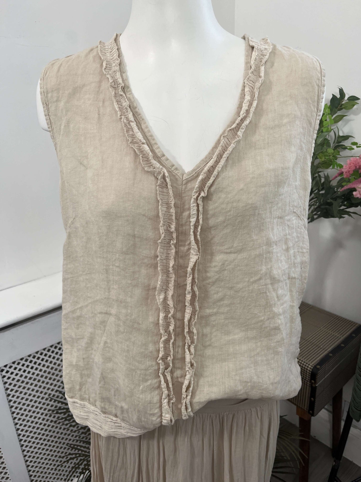Molly Linen Ruffle Vest with Stretch Back