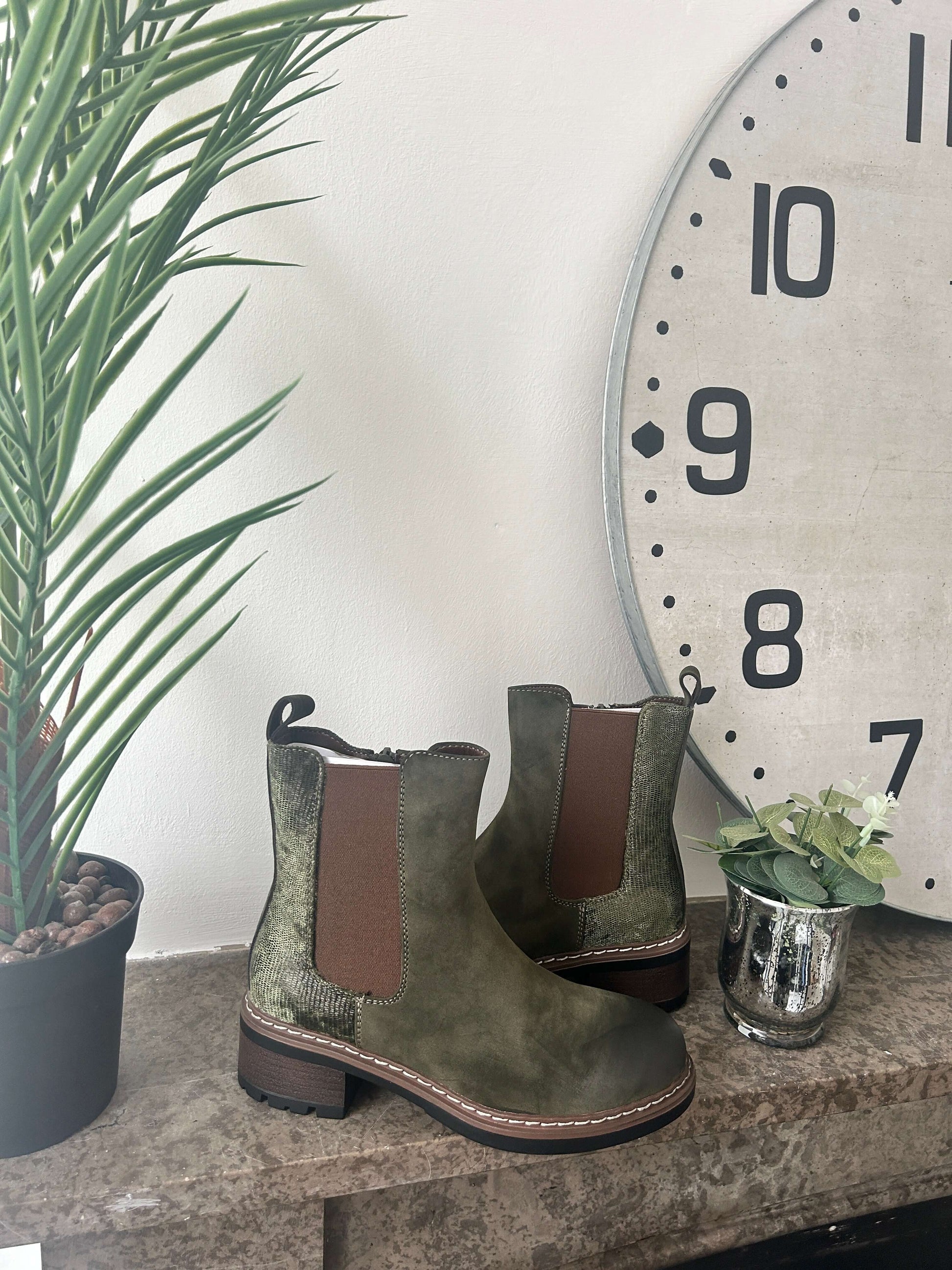 Khaki Faux Suede Metallic Detail Chelsea Boot