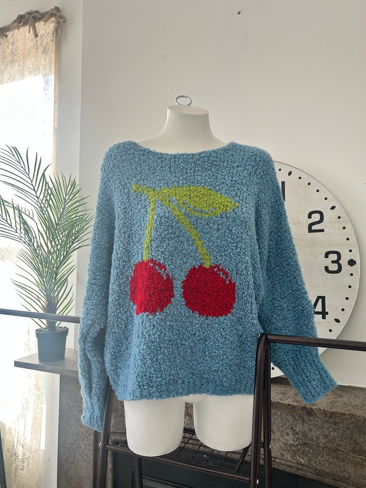 Slouchy Cherry Detail Boucle Knit Jumper