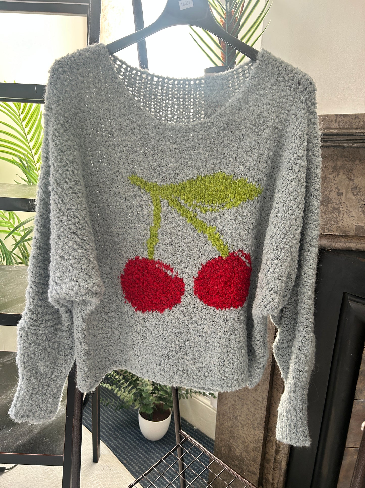 Slouchy Cherry Detail Boucle Knit Jumper