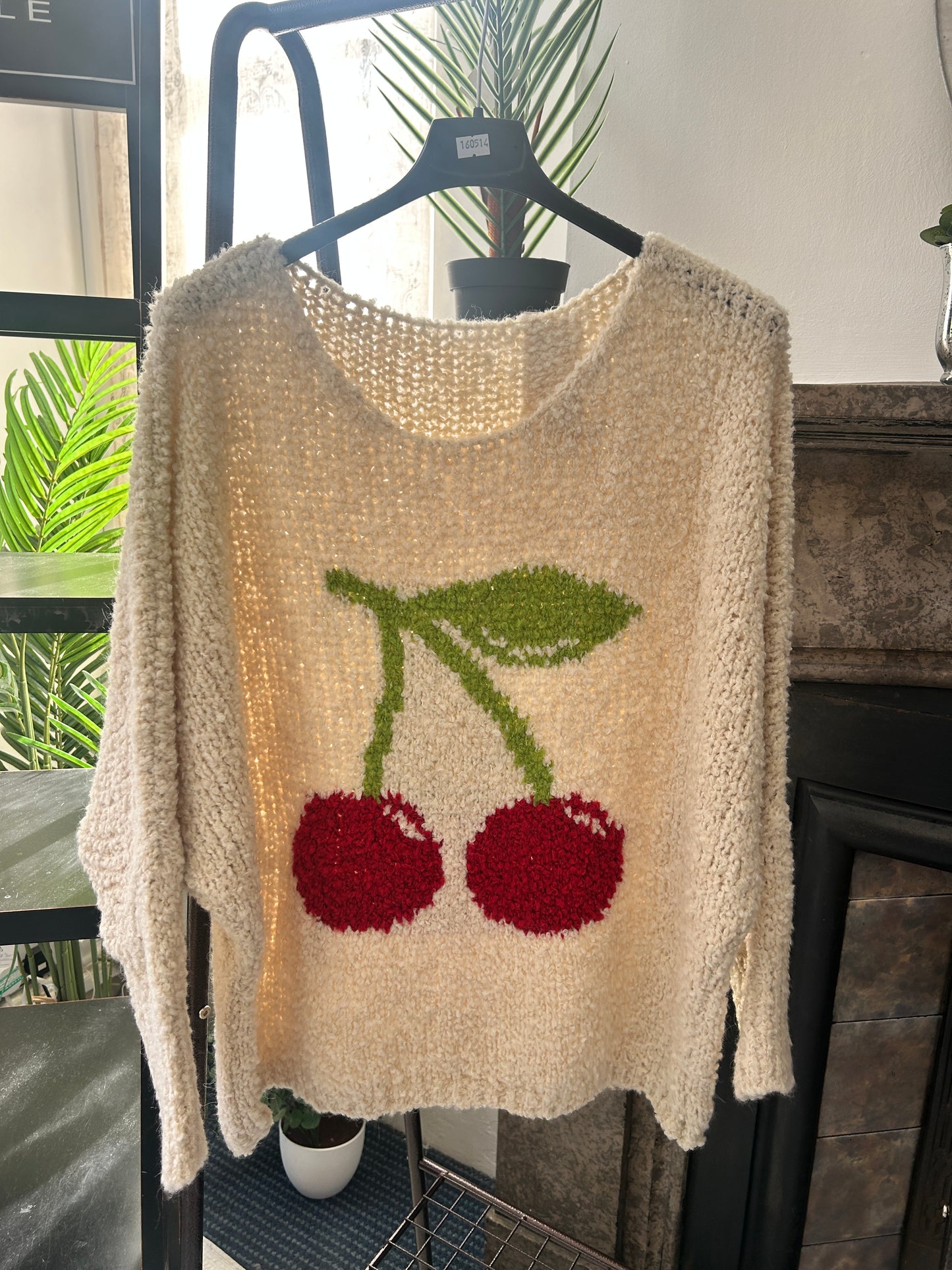 Slouchy Cherry Detail Boucle Knit Jumper