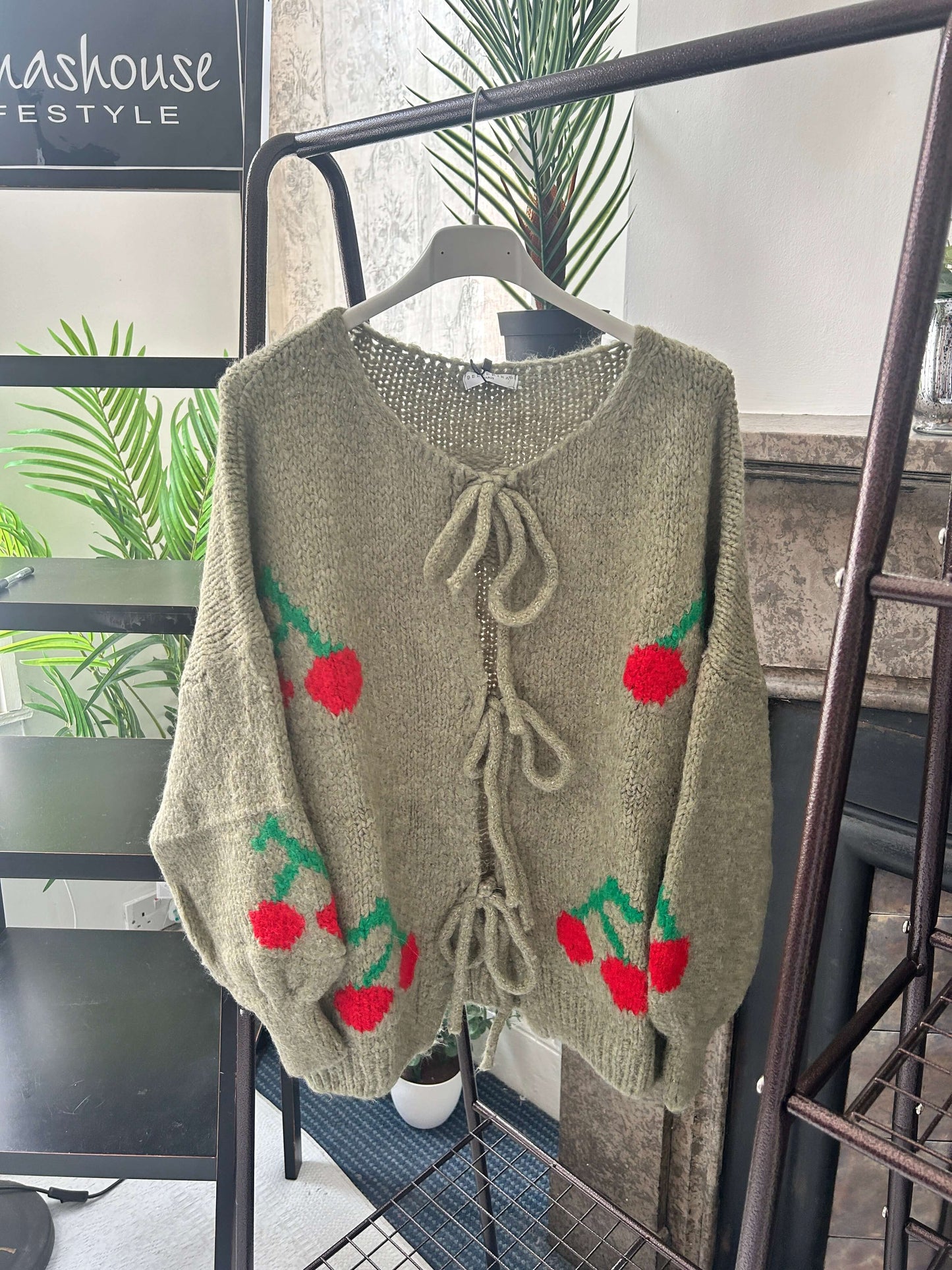 Slouchy Cherry Detail Bow Tie Knitted Cardigan