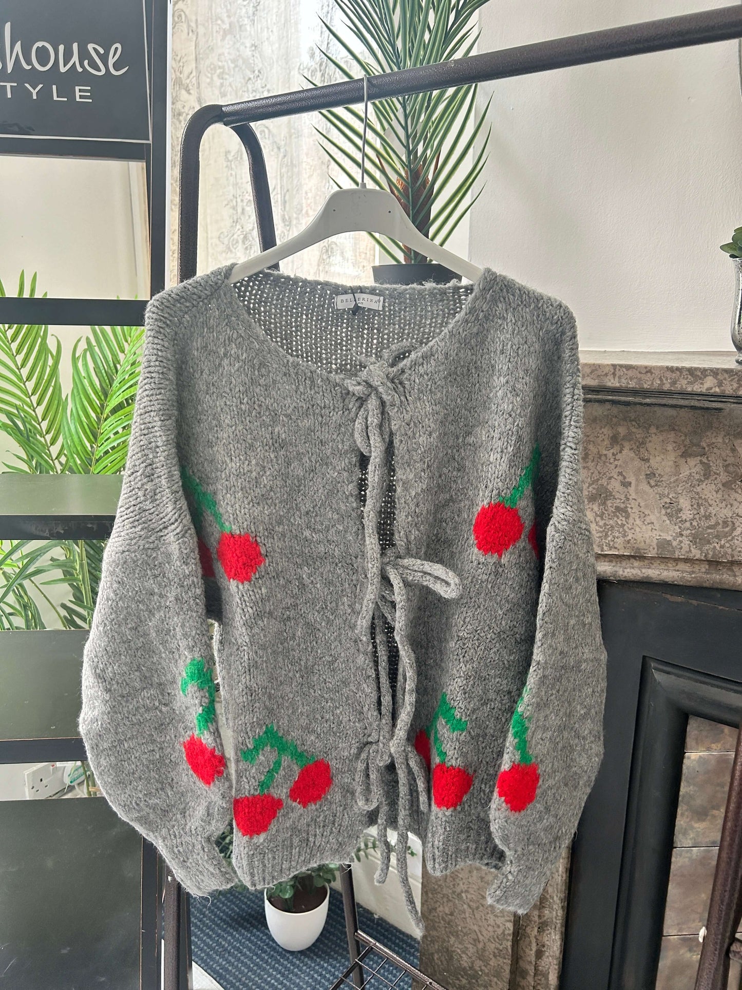 Slouchy Cherry Detail Bow Tie Knitted Cardigan