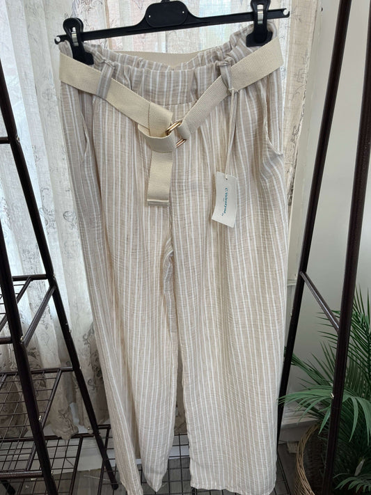Striped Wide Leg Belted Summer Trousers