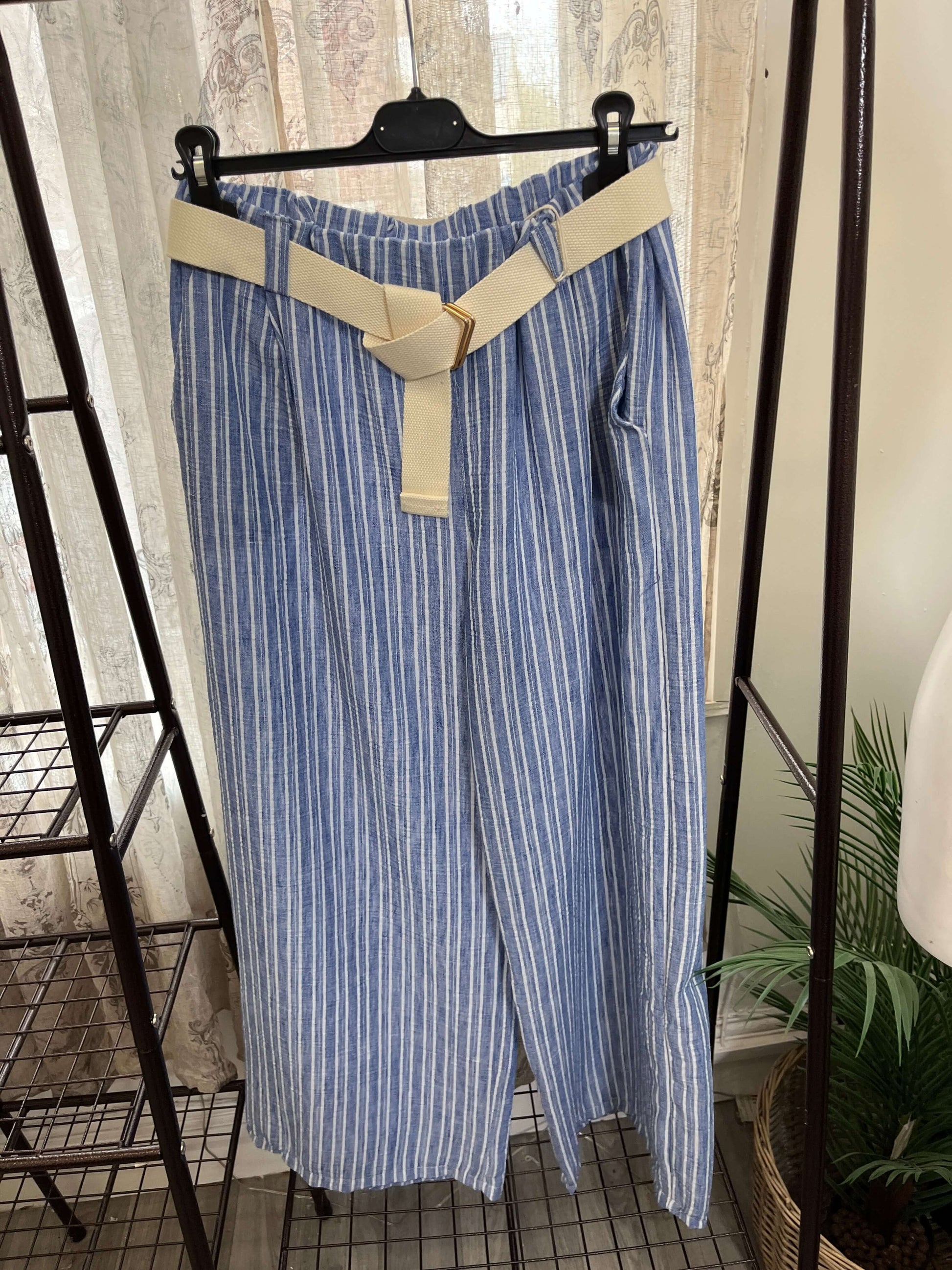 Striped Wide Leg Belted Summer Trousers