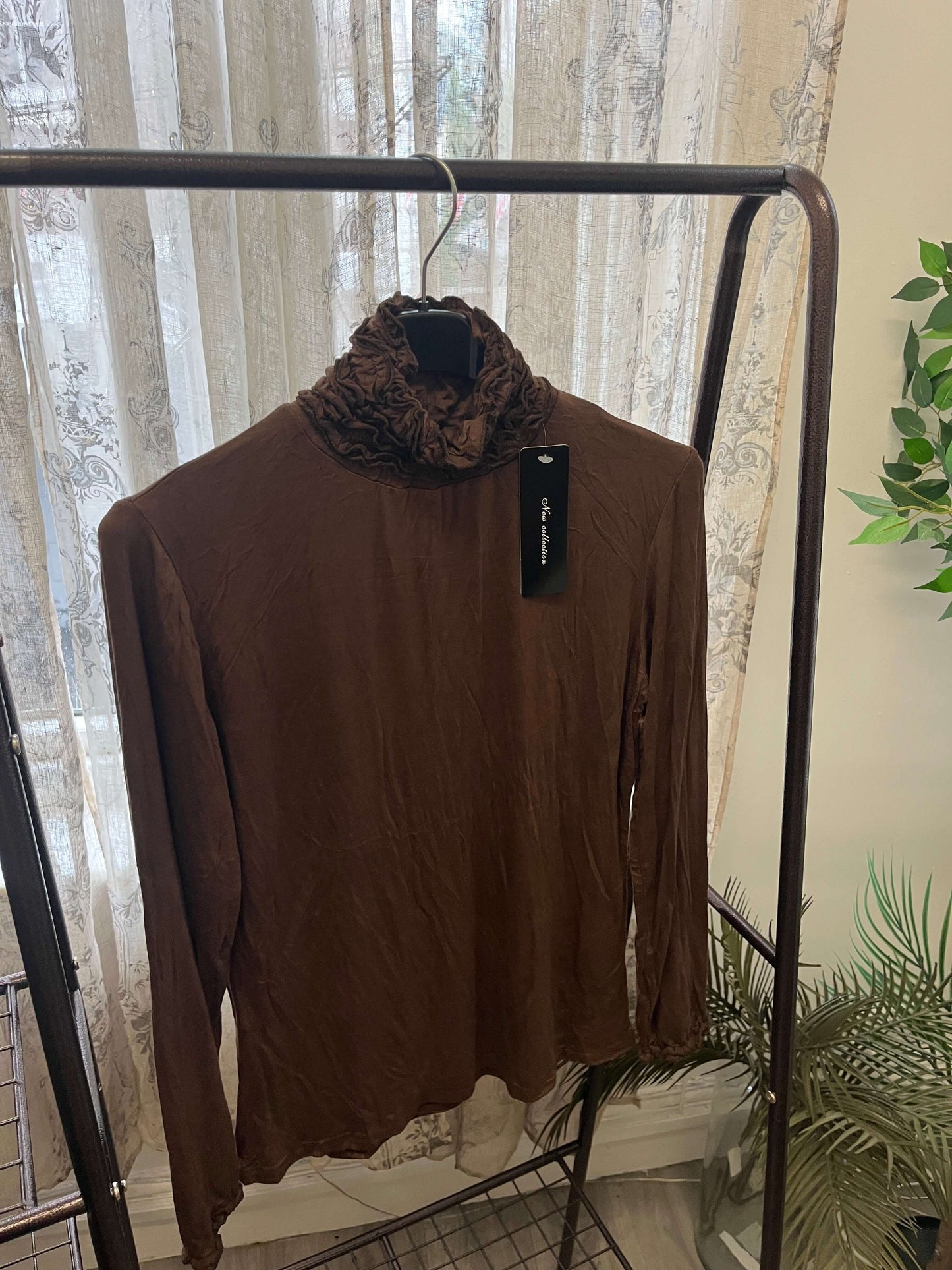 Ruffle Polo Neck Long Sleeve Top