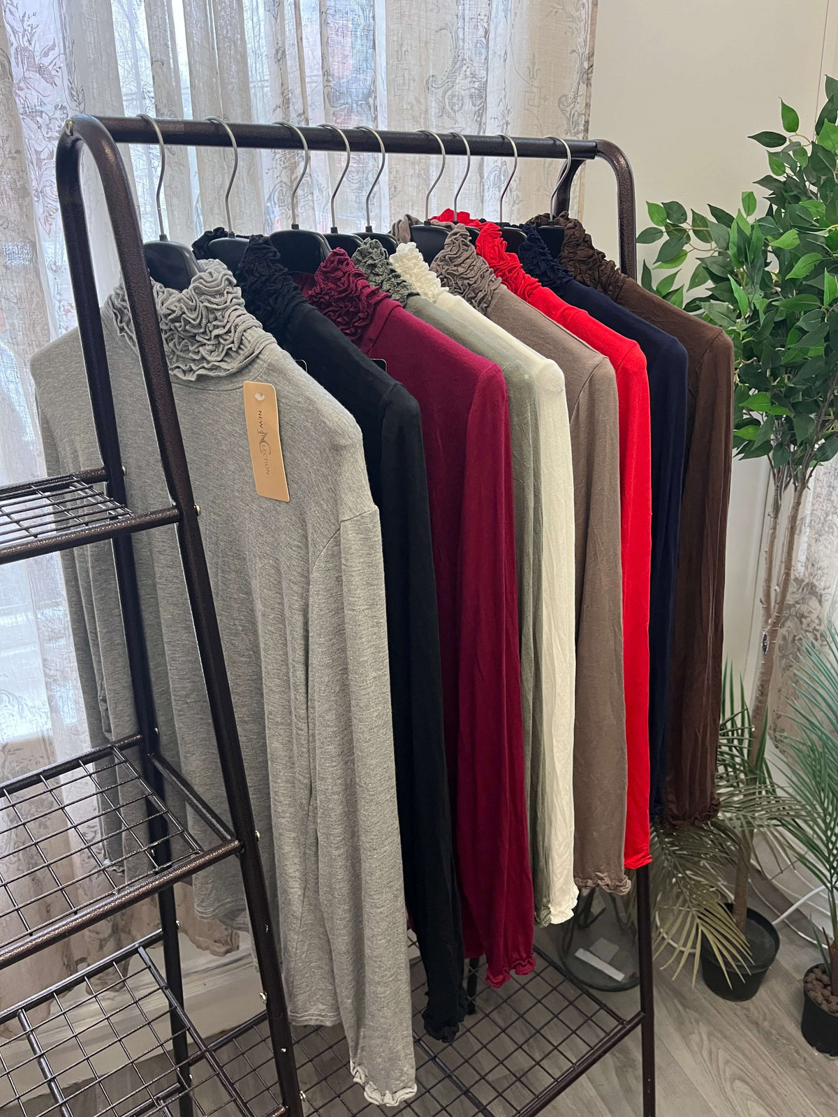 Ruffle Polo Neck Long Sleeve Top