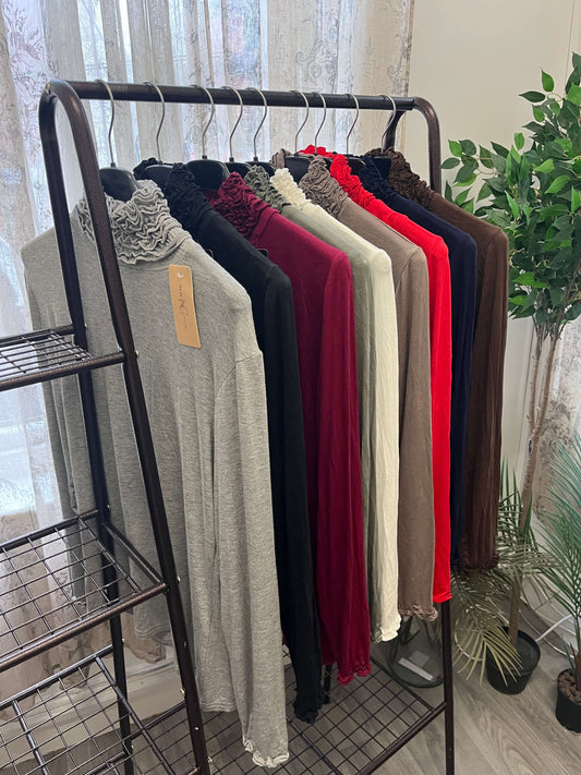 Ruffle Polo Neck Long Sleeve Top