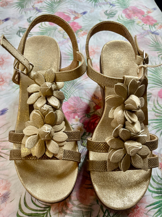 Floral Gold Wedge Sandal - Size 3