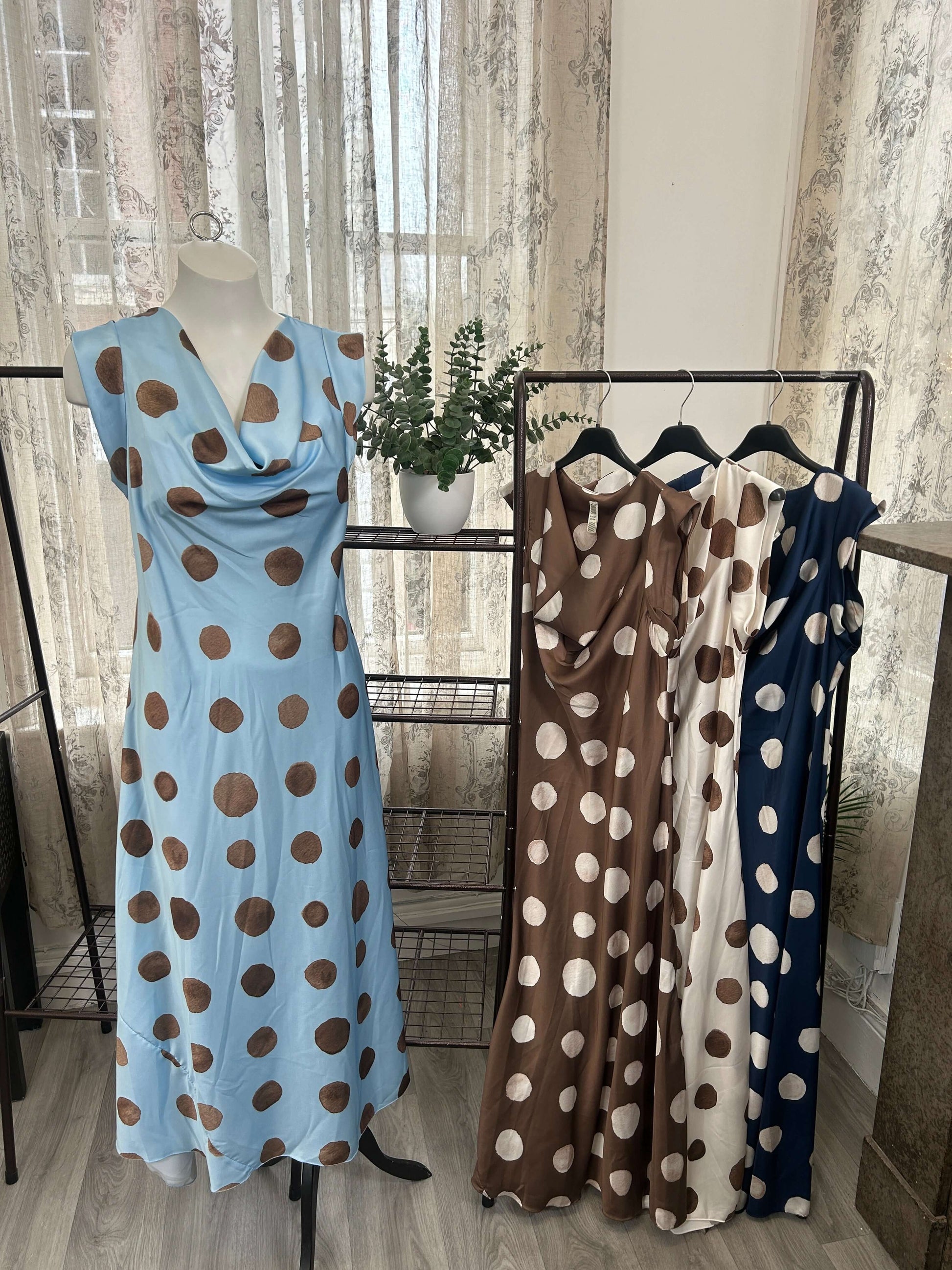 Satin Polka Dot Cap Sleeve Maxi Dress