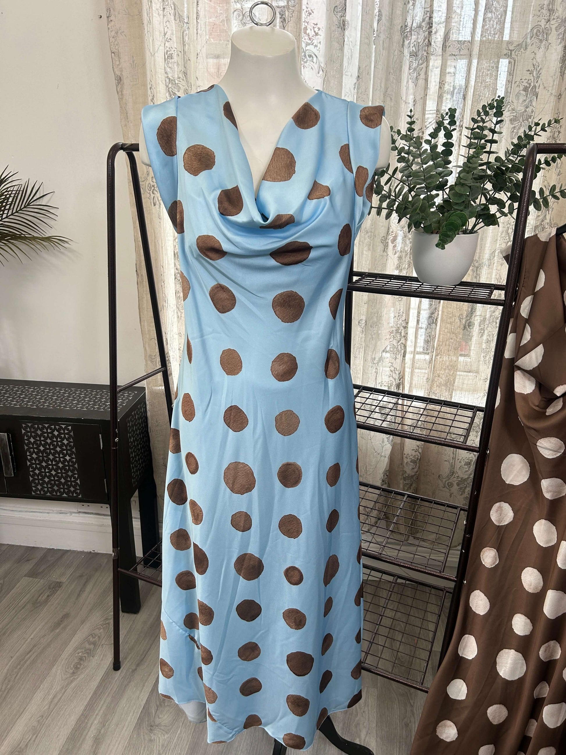 Satin Polka Dot Cap Sleeve Maxi Dress