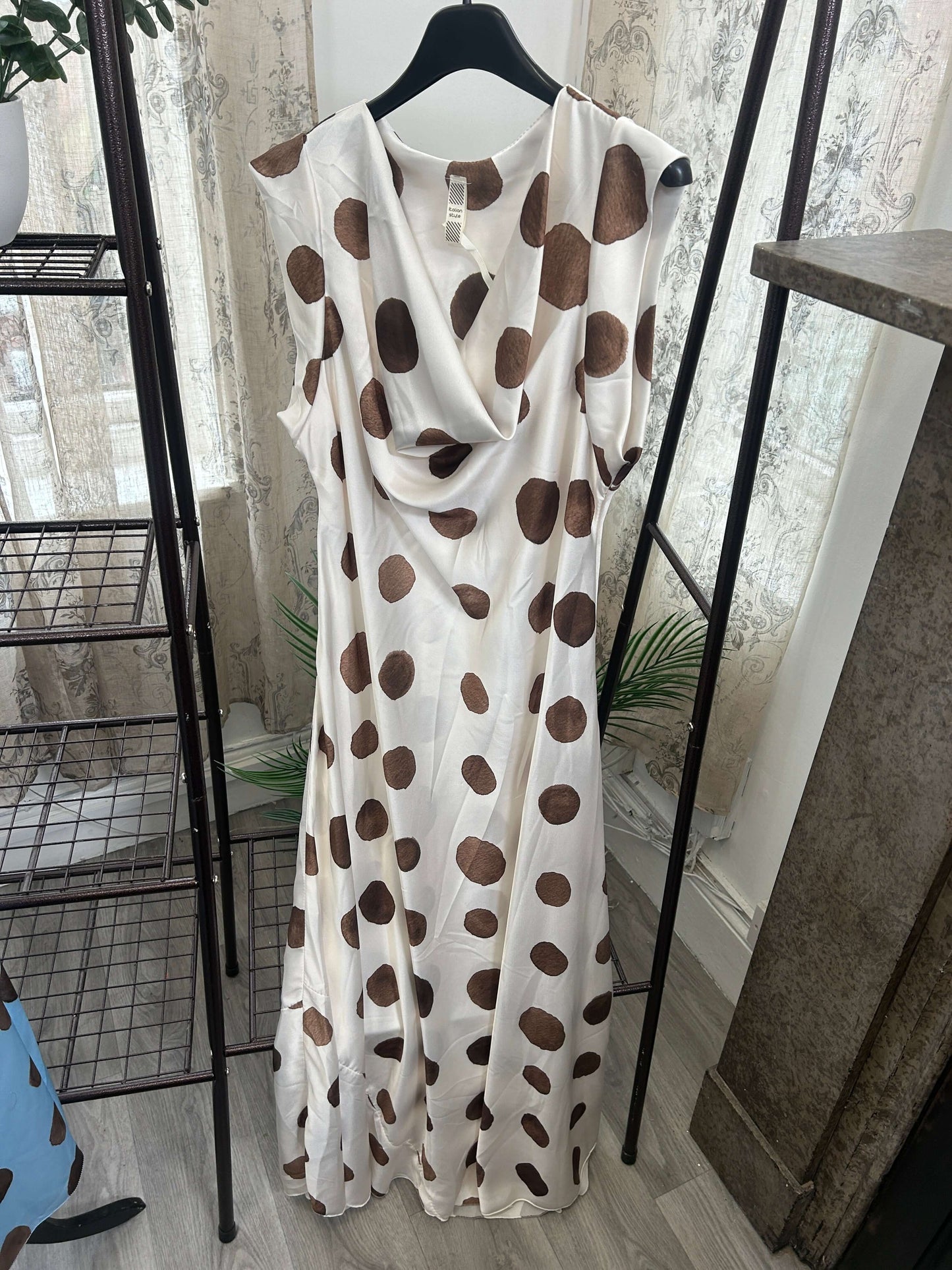 Satin Polka Dot Cap Sleeve Maxi Dress