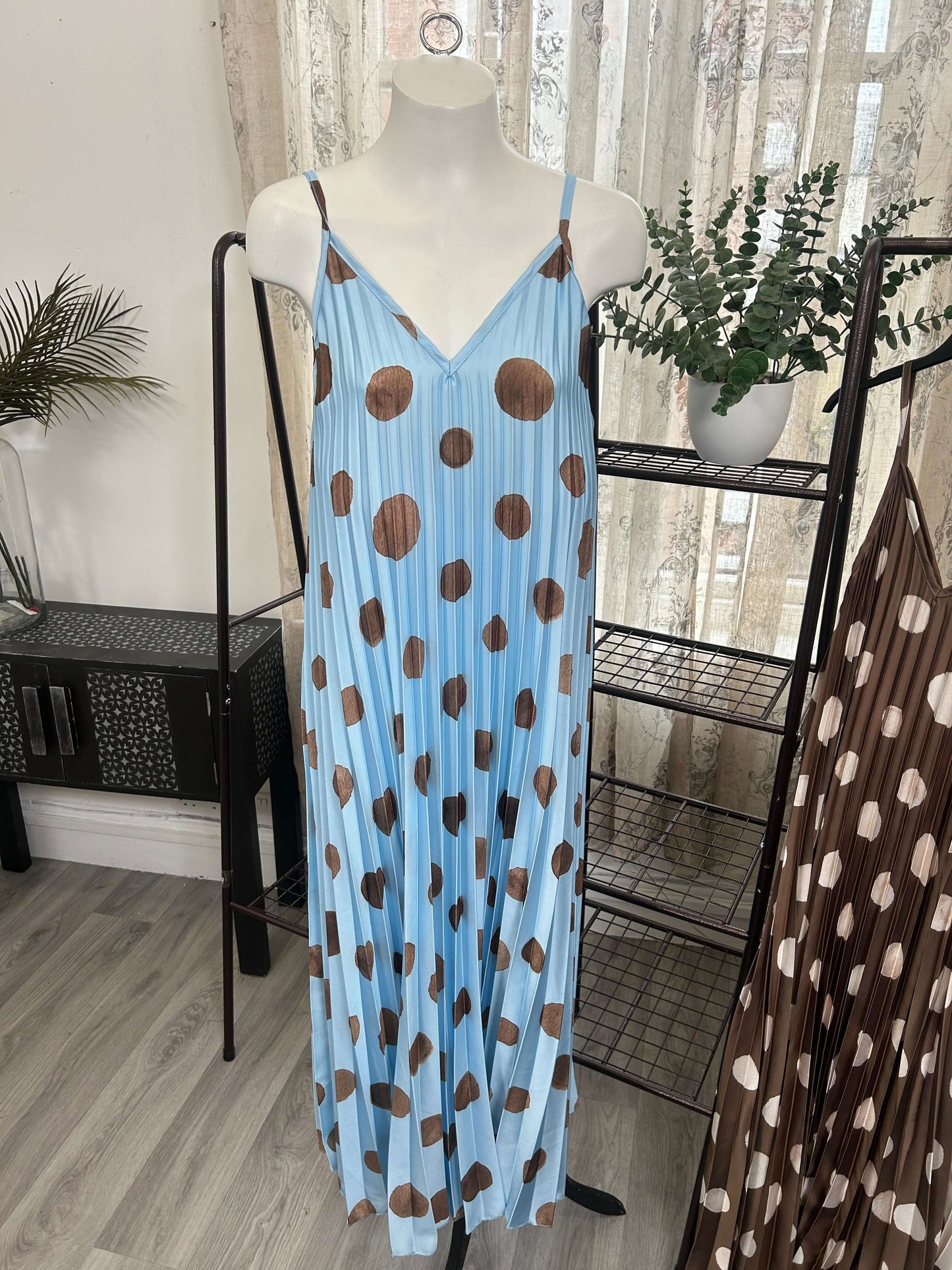 Satin Polka Dot Pleated V Neck Sundress