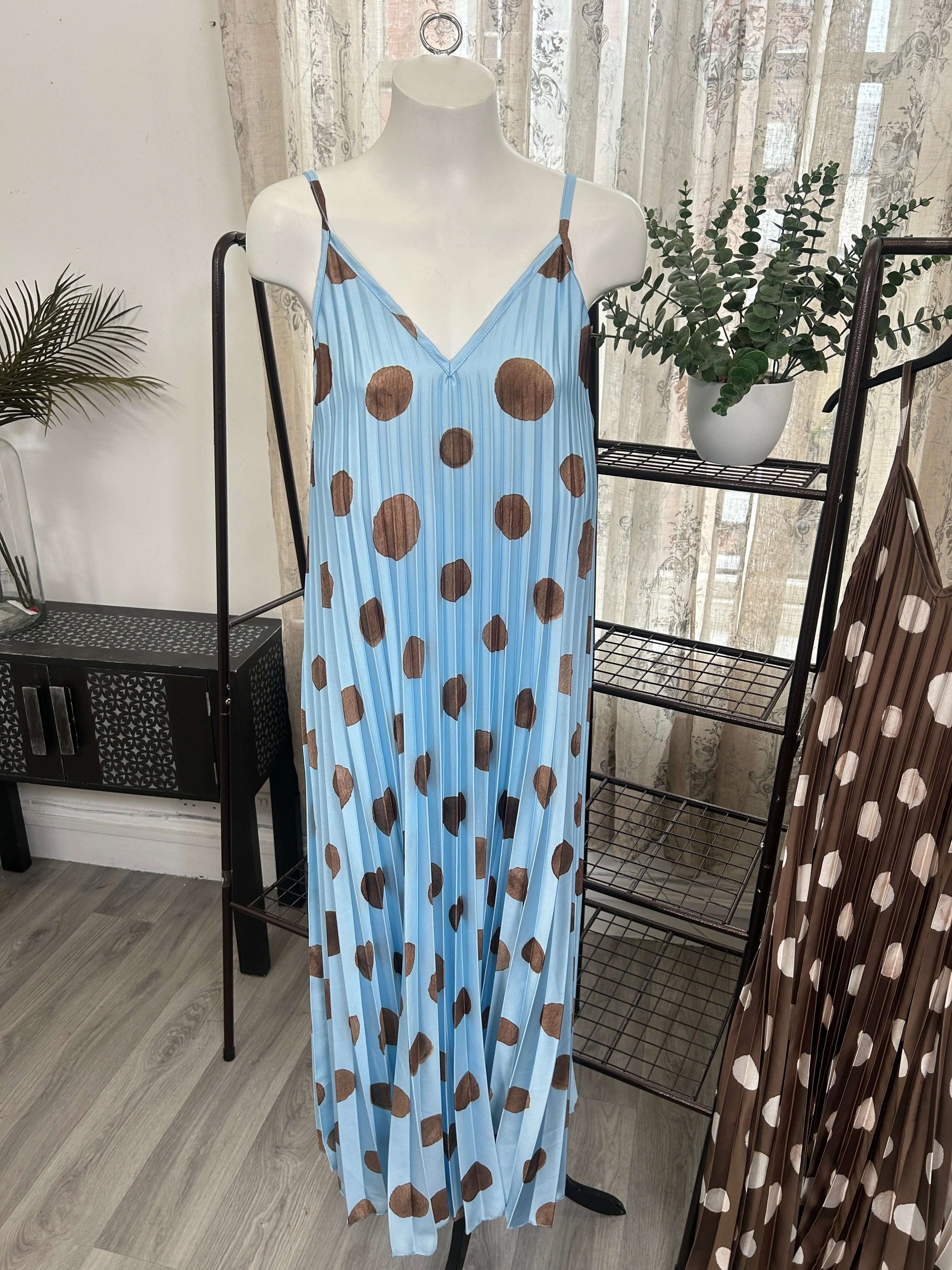 Satin Polka Dot Pleated V Neck Sundress