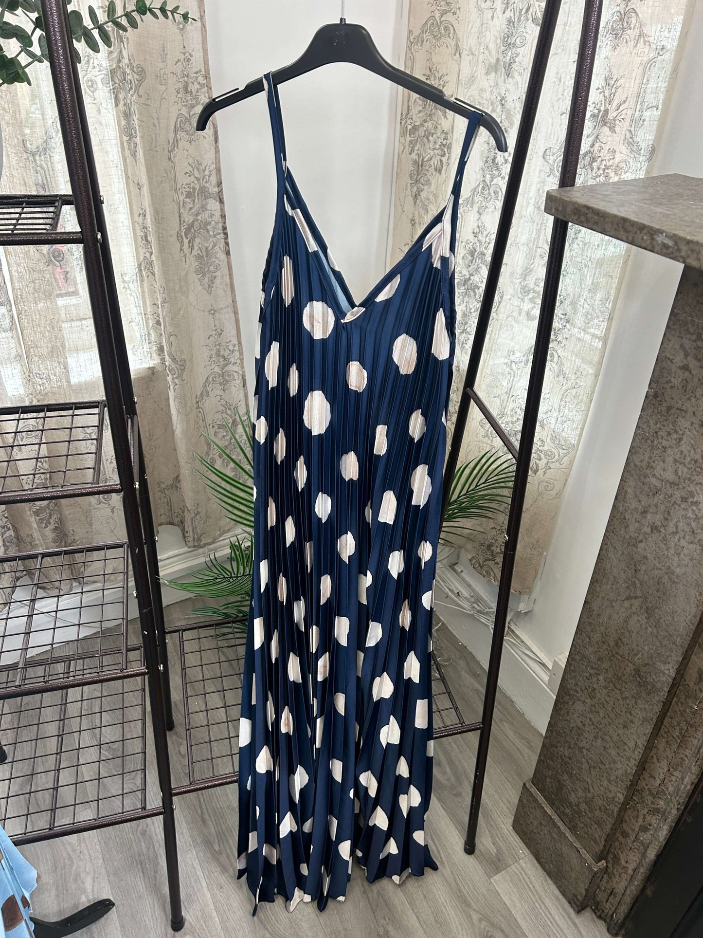 Satin Polka Dot Pleated V Neck Sundress