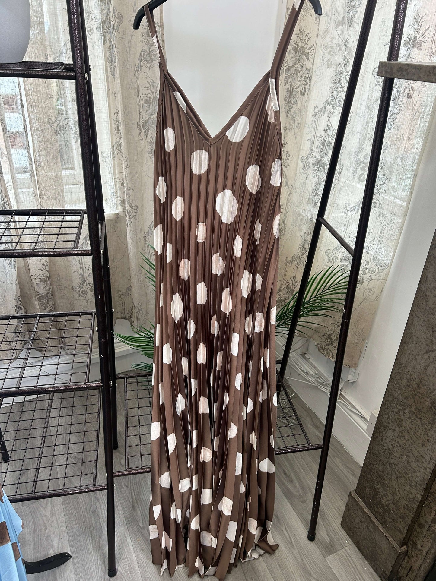 Satin Polka Dot Pleated V Neck Sundress