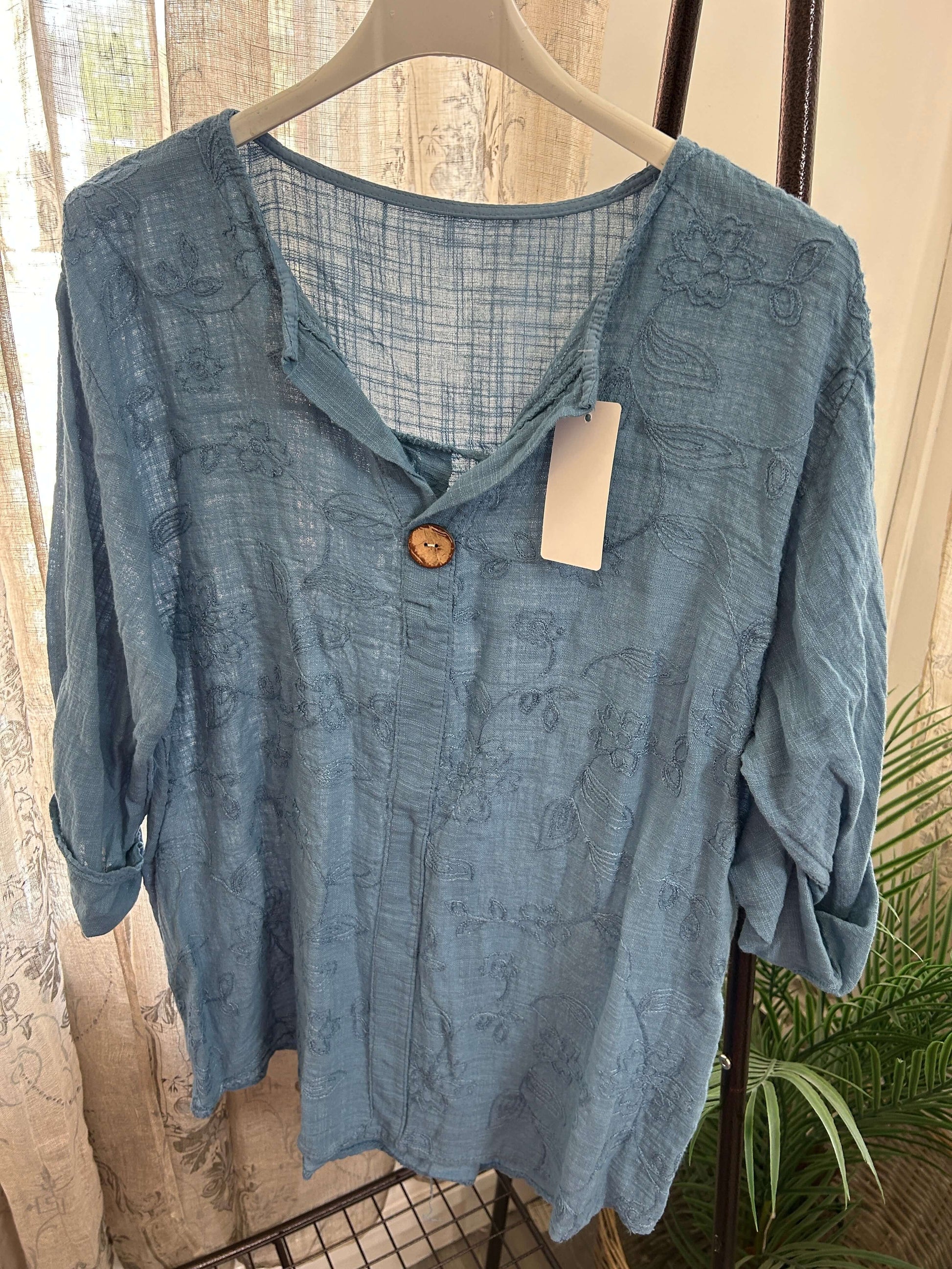 Floral Embroidered One Button Boxy Slouchy Blouse