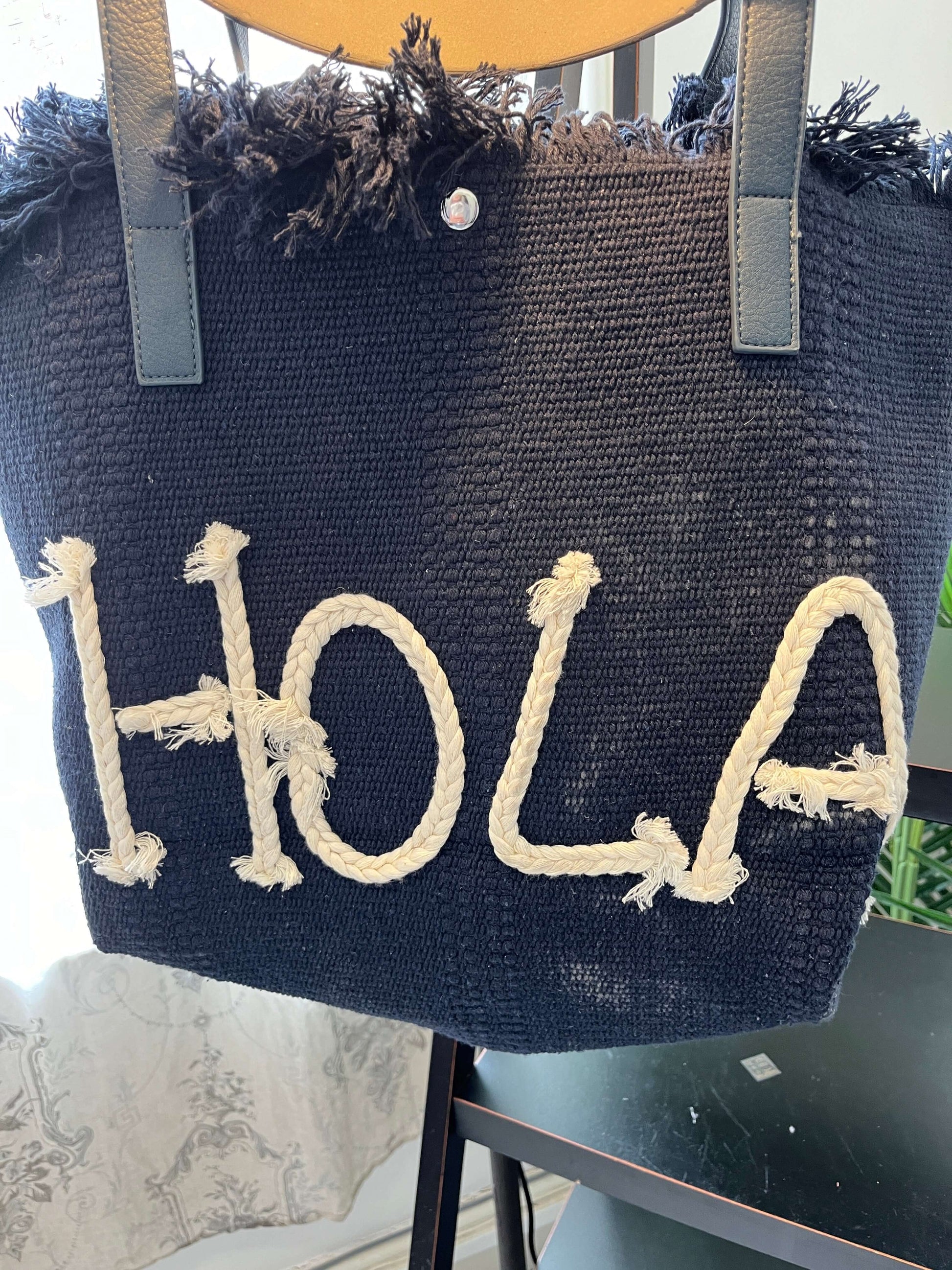 Navy Embroidered 'Hola' Beach Bag