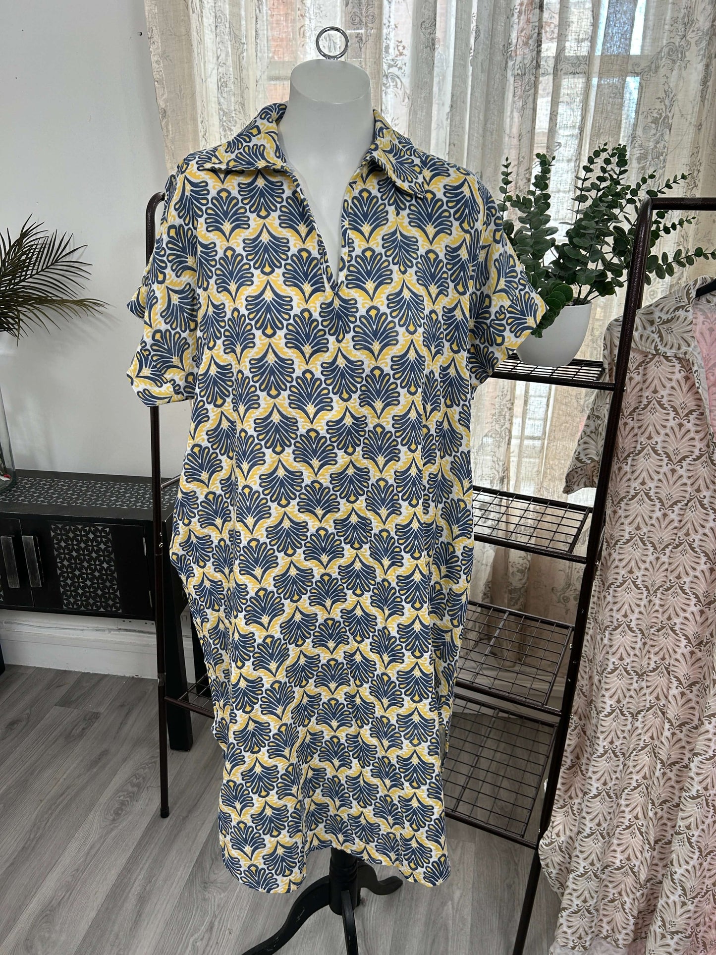 Cheesecloth Filigree Print Tunic Maxi Dress