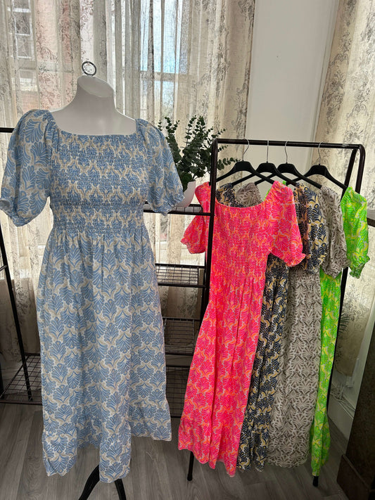 Cheesecloth Filigree Print Shirred Waist Maxi Dress