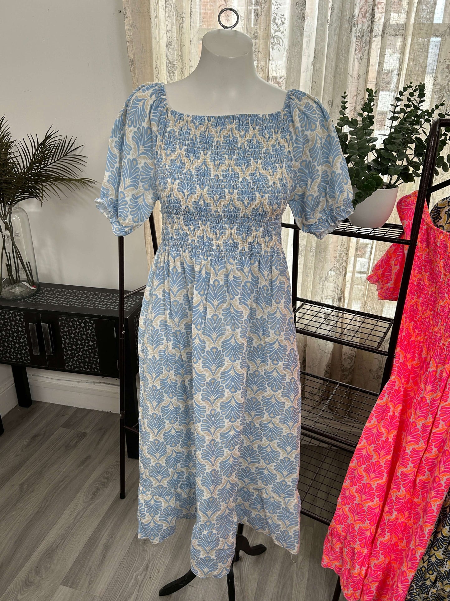 Cheesecloth Filigree Print Shirred Waist Maxi Dress