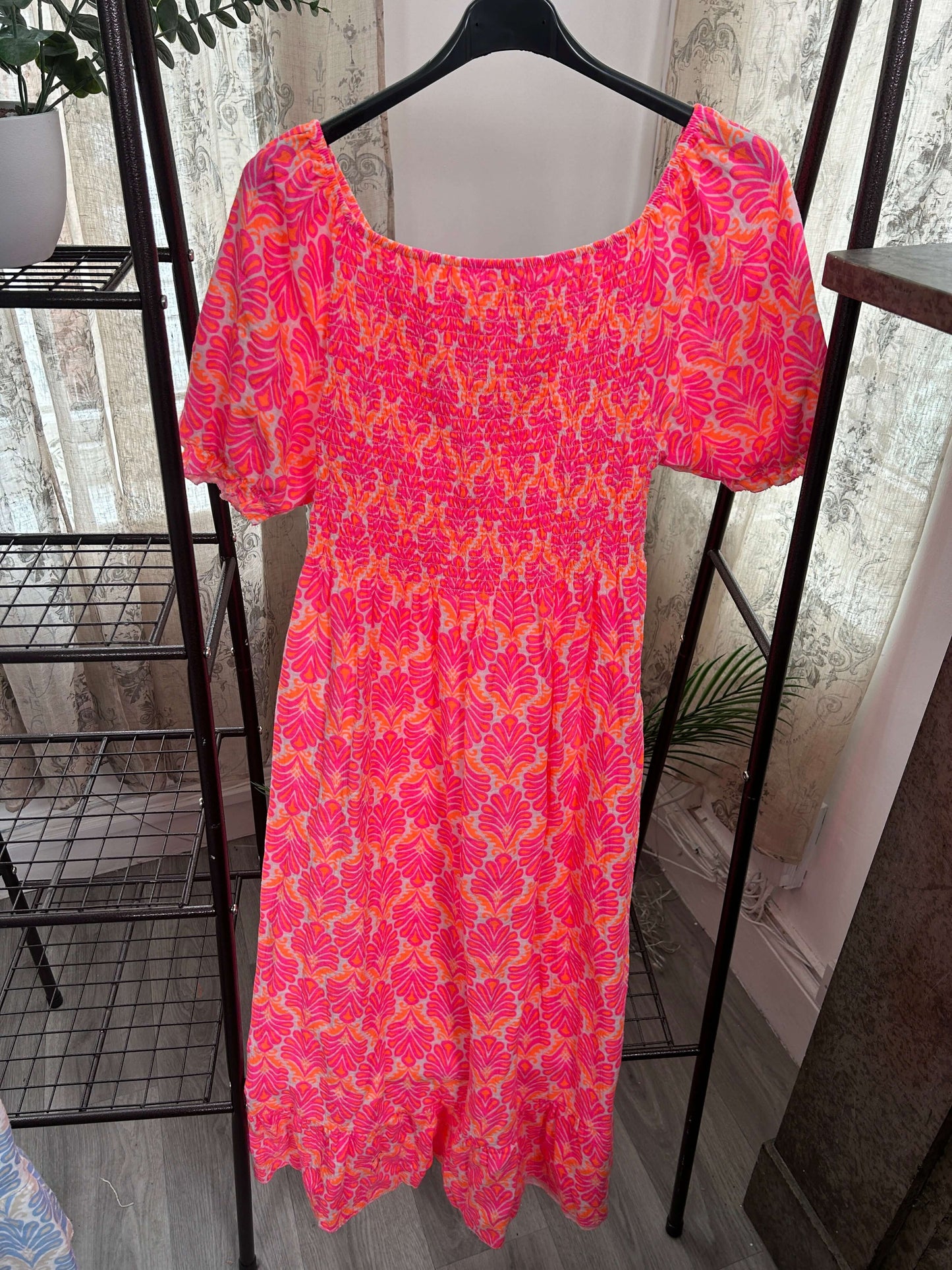 Cheesecloth Filigree Print Shirred Waist Maxi Dress