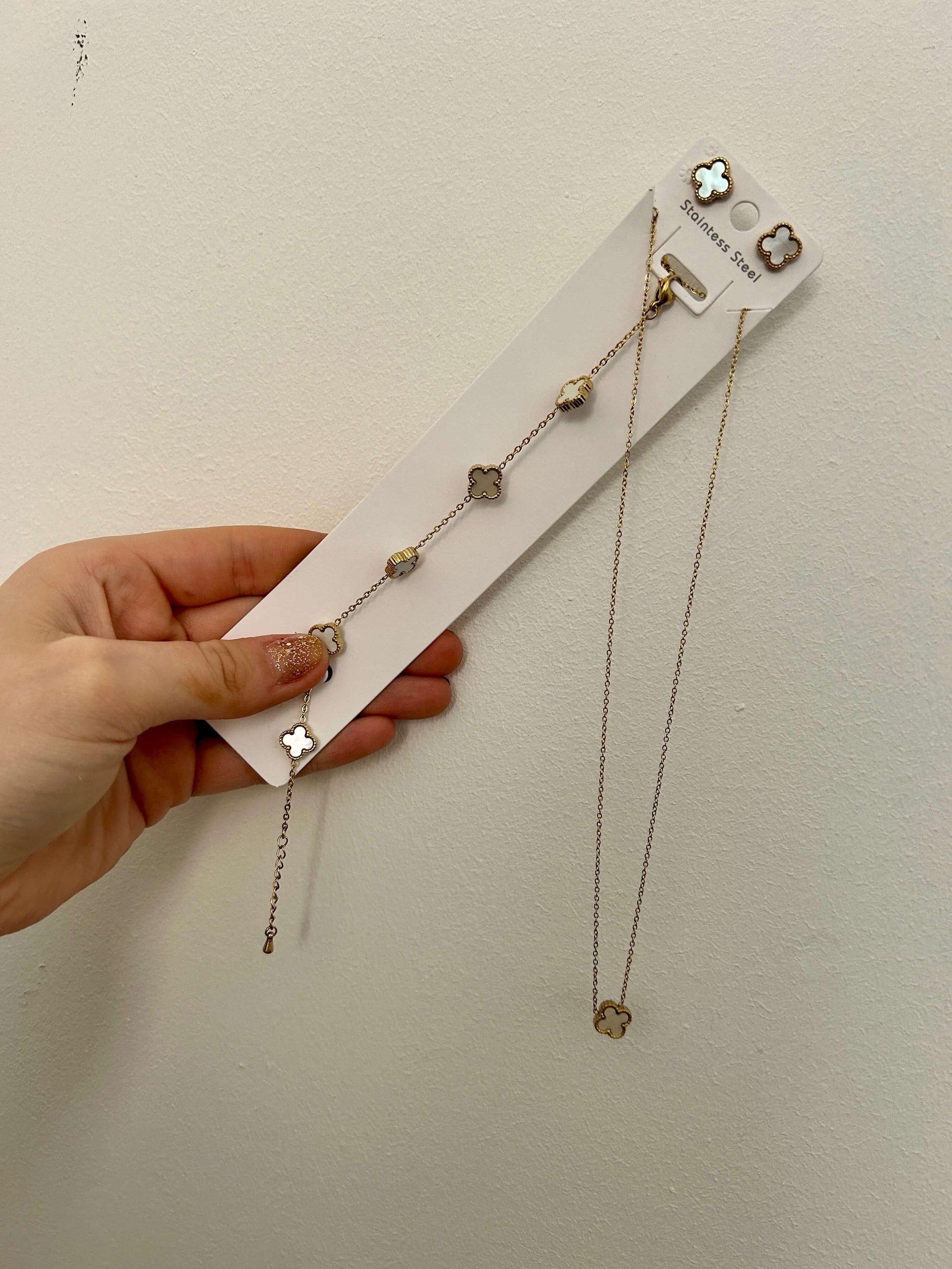 Double Sided Clover Necklace, Bracelet & Earrings 3 Piece Set